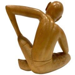 The Thinker, Vintage Balinese Figural Sculpture in Solid Wood, c. 1970's