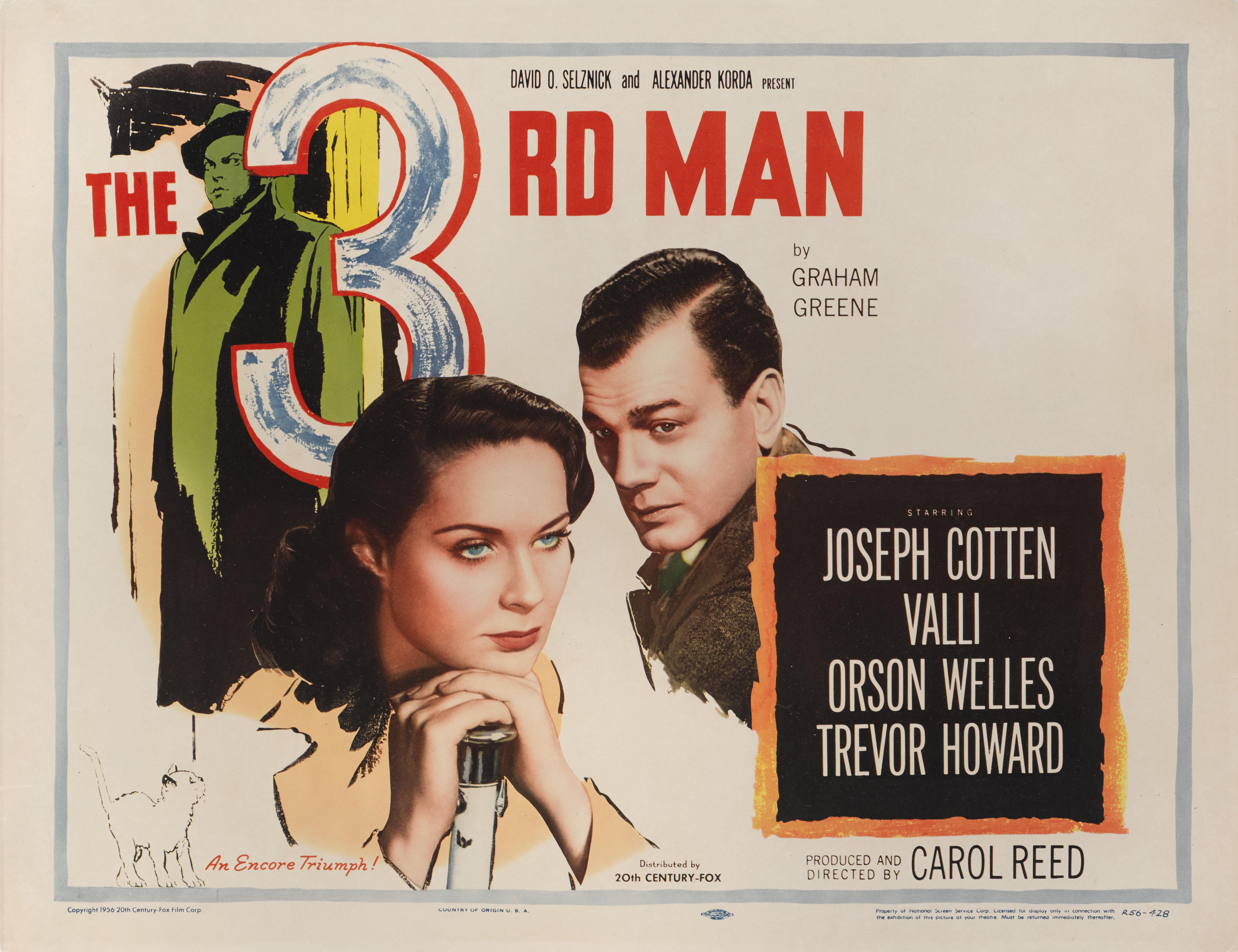 Original US film poster for The Third Man.
This powerful film noir was directed by Carol Reed and written by Graham Greene. The film stars Orson Welles, Joseph Cotten, Valli and Trevor Howard. Robert Krasker's brilliant expressionist