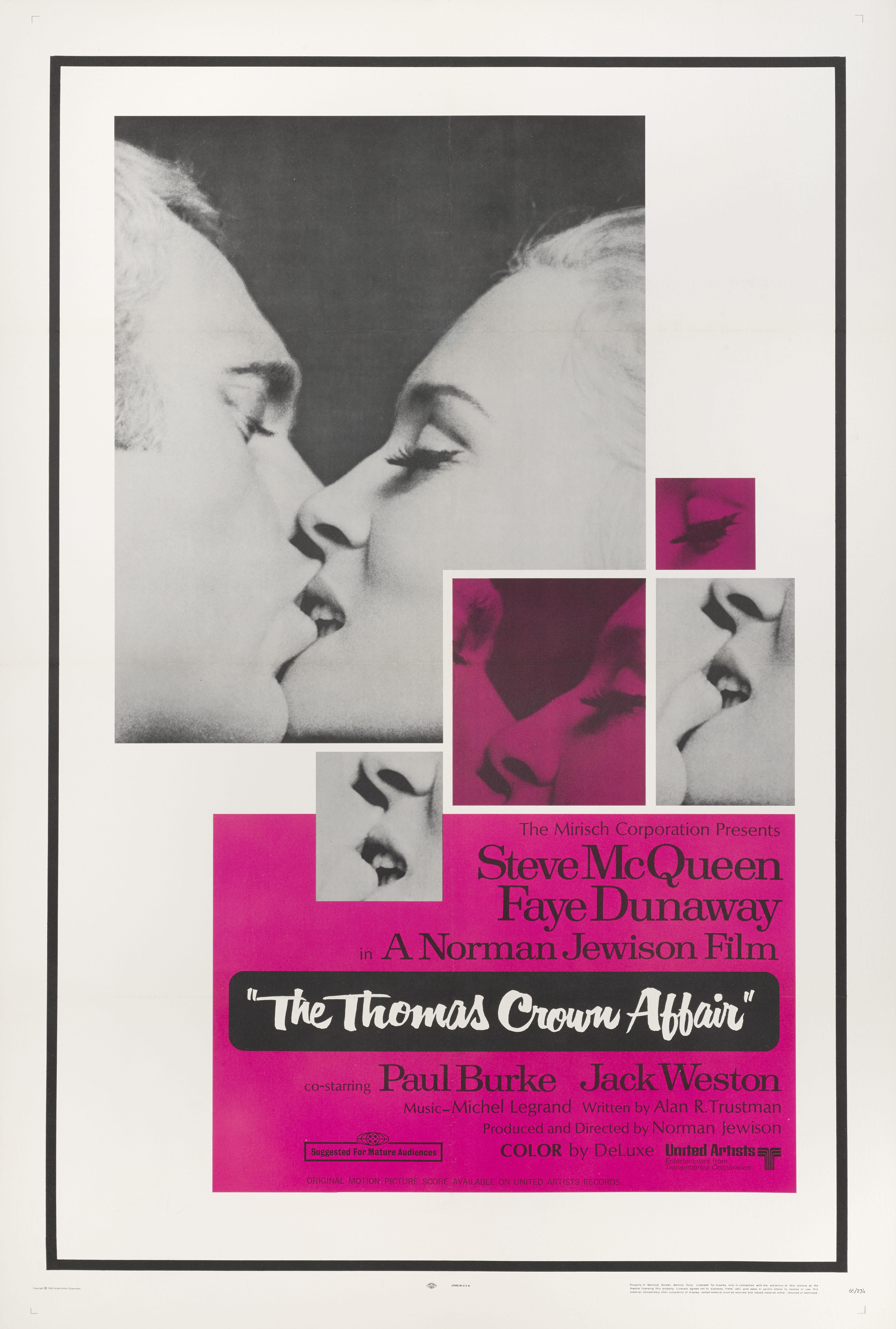 Cartel original estadounidense de la película romántica y de suspense de 1968 dirigida por Norman Jewison y protagonizada por Steve McQueen y Faye Dunaway.

Este póster tiene soporte de lino de conservación y se enviaría enrollado en un tubo muy