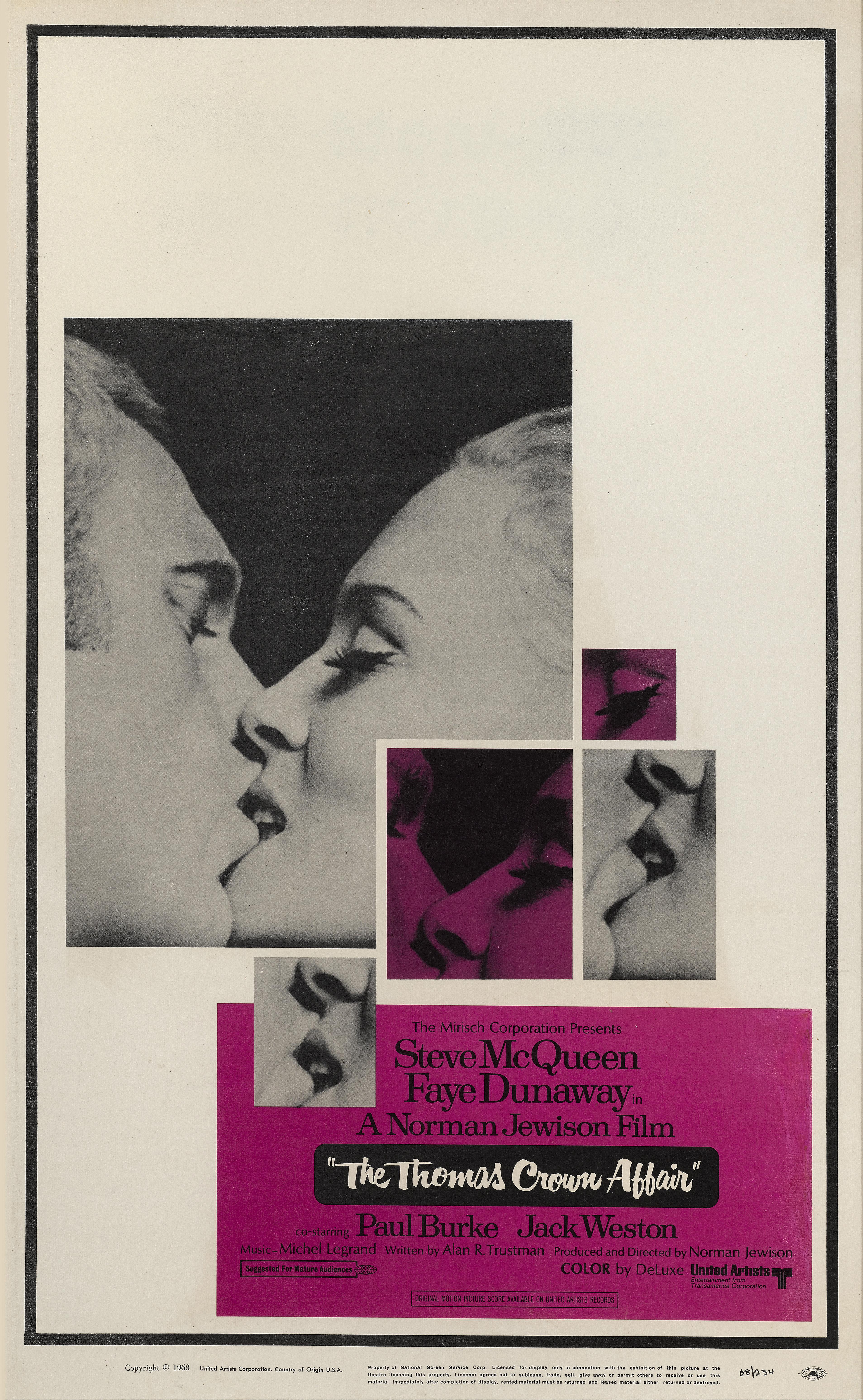 Originales US-Filmplakat für die Romanze und den Thriller von 1968 unter der Regie von Norman Jewison mit Steve McQueen und Faye Dunaway in den Hauptrollen.

Dieses Werk ist mit Konservierungspapier hinterlegt und mit UV-Plexiglas in einem