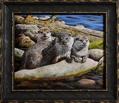 The Three Amigos  Oil on Board Painting Carnivorous Mammals Otters Steve Burgess