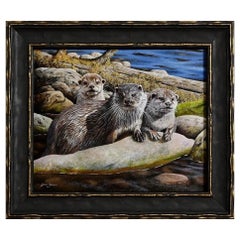I Tre Amigos  Olio su tavola Pittura Mammiferi Carnivori Lontre Steve Burgess