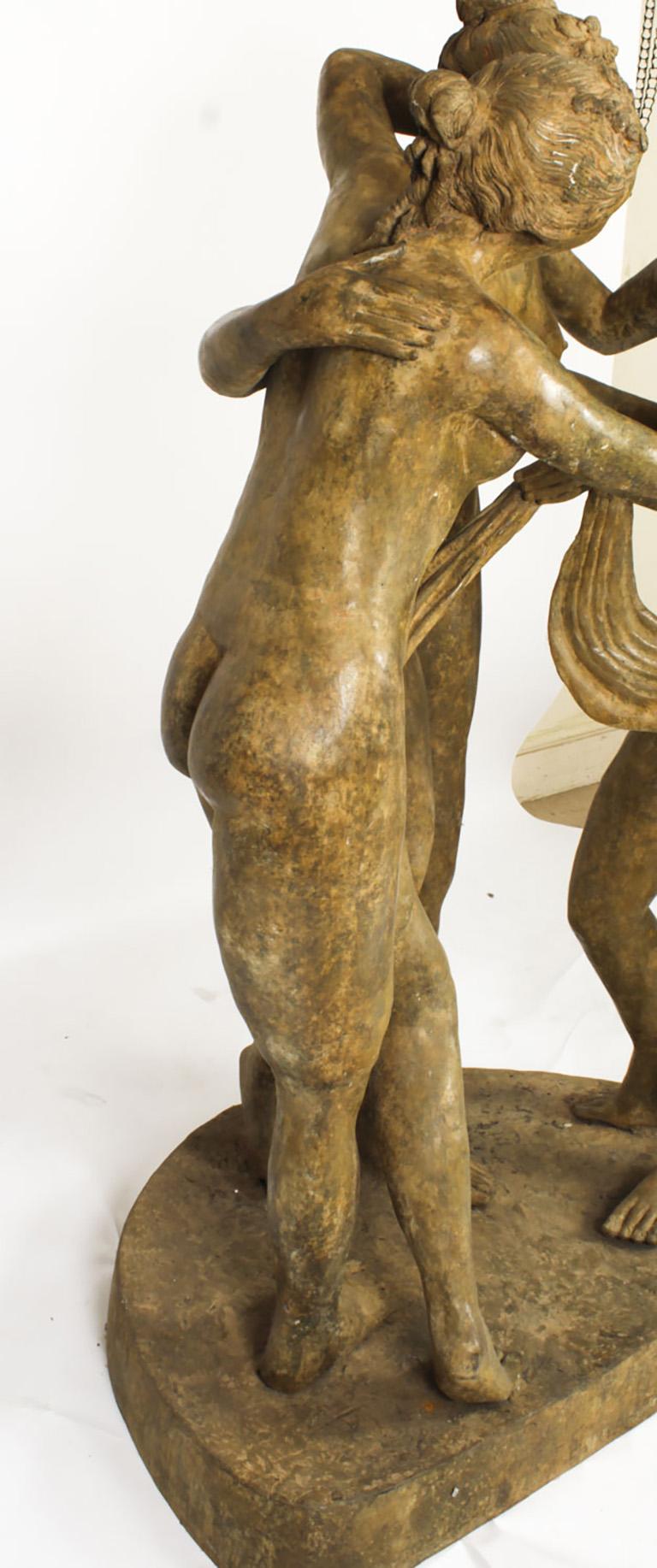 The Three Graces after Canova, Lifesize Bronze Verdigris Statue 20th Century 7