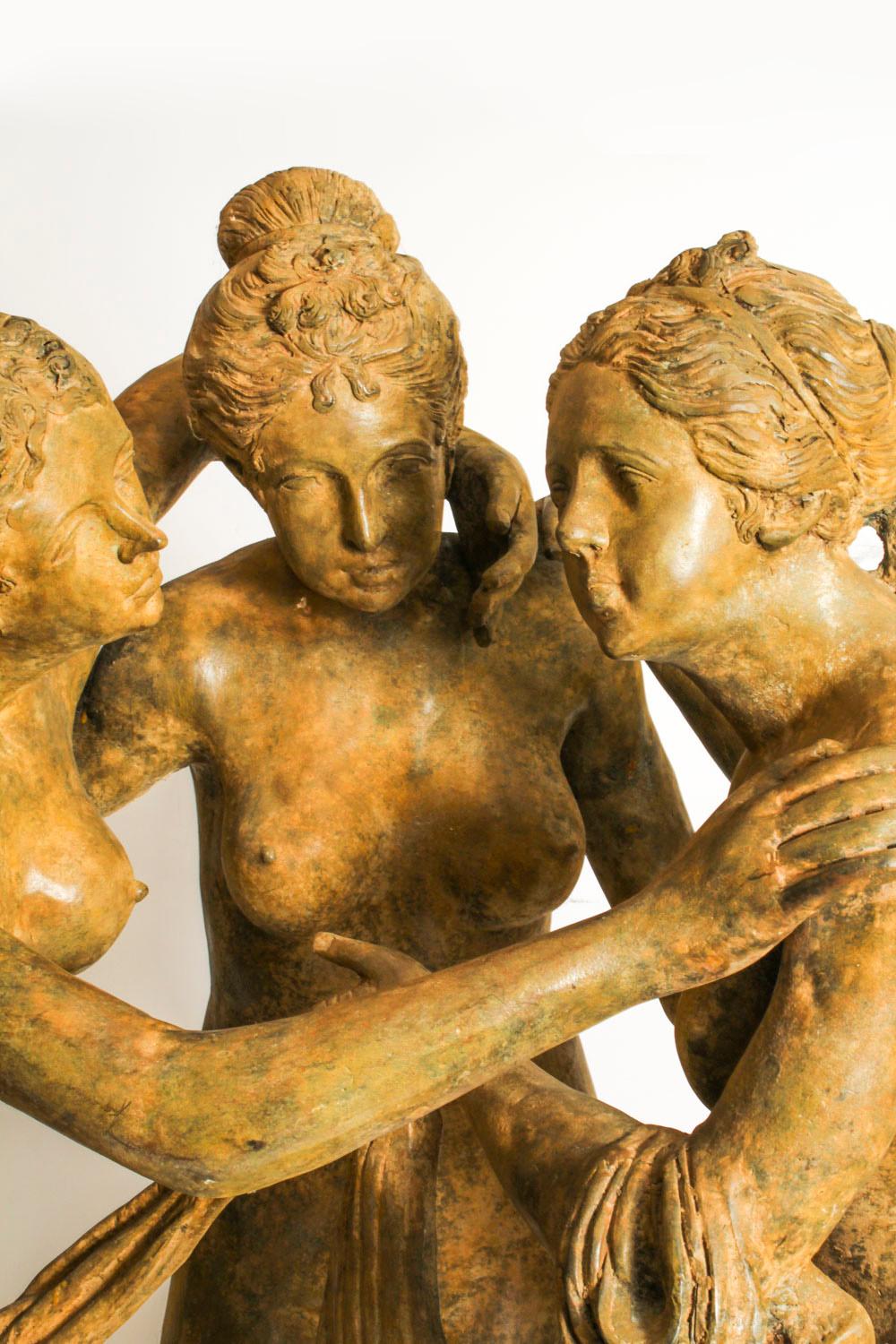 The Three Graces after Canova, Lifesize Bronze Verdigris Statue 20th Century 13