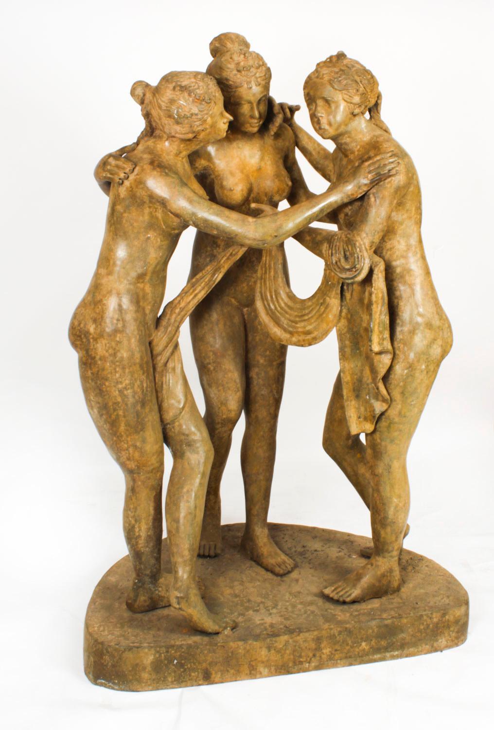 A beautiful lifesize bronze sculpture of The Three Graces, after Canova and dating from the late 20th C.

This sculpture was beautifully hotcast in solid bronze and has a striking Verdigris patinaton.

The style of this sculpture is elegant and