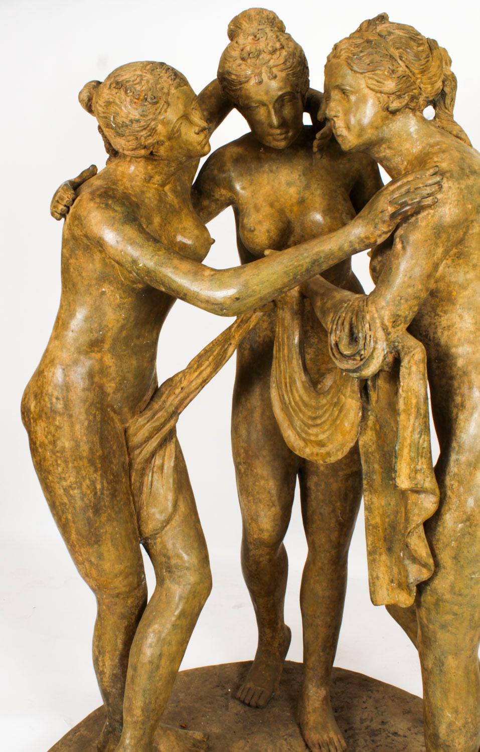 The Three Graces after Canova, Lifesize Bronze Verdigris Statue 20th Century 1