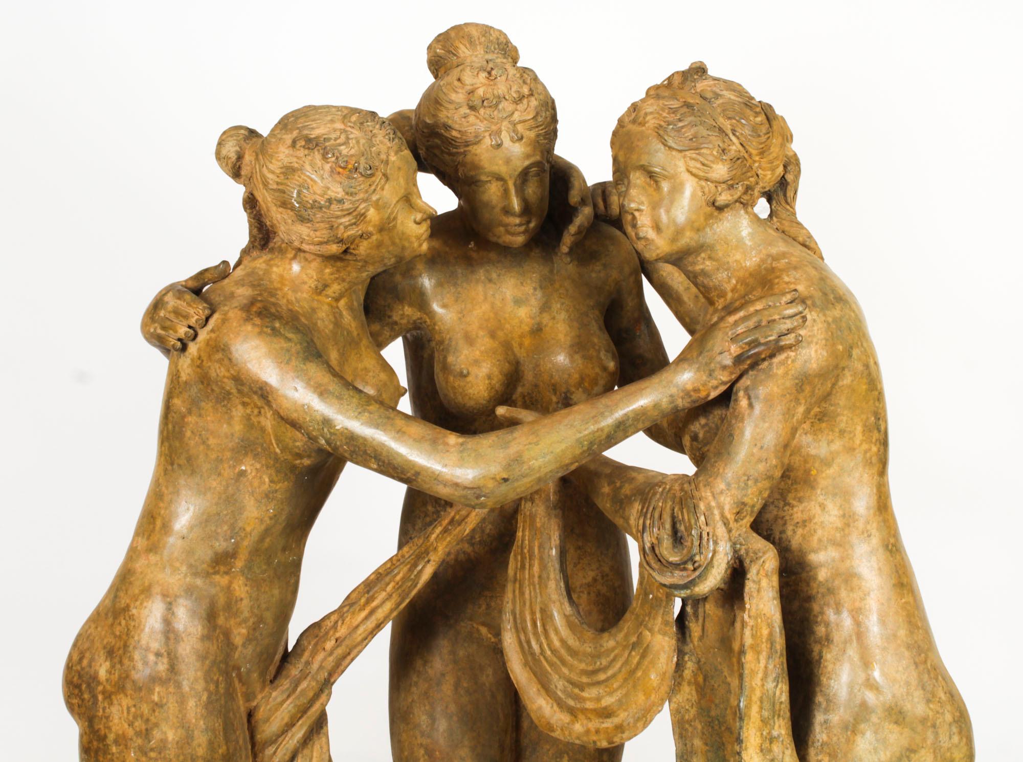 The Three Graces after Canova, Lifesize Bronze Verdigris Statue 20th Century 2