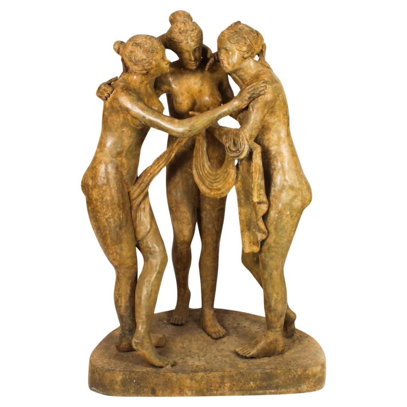 The Three Graces after Canova, Lifesize Bronze Verdigris Statue 20th Century