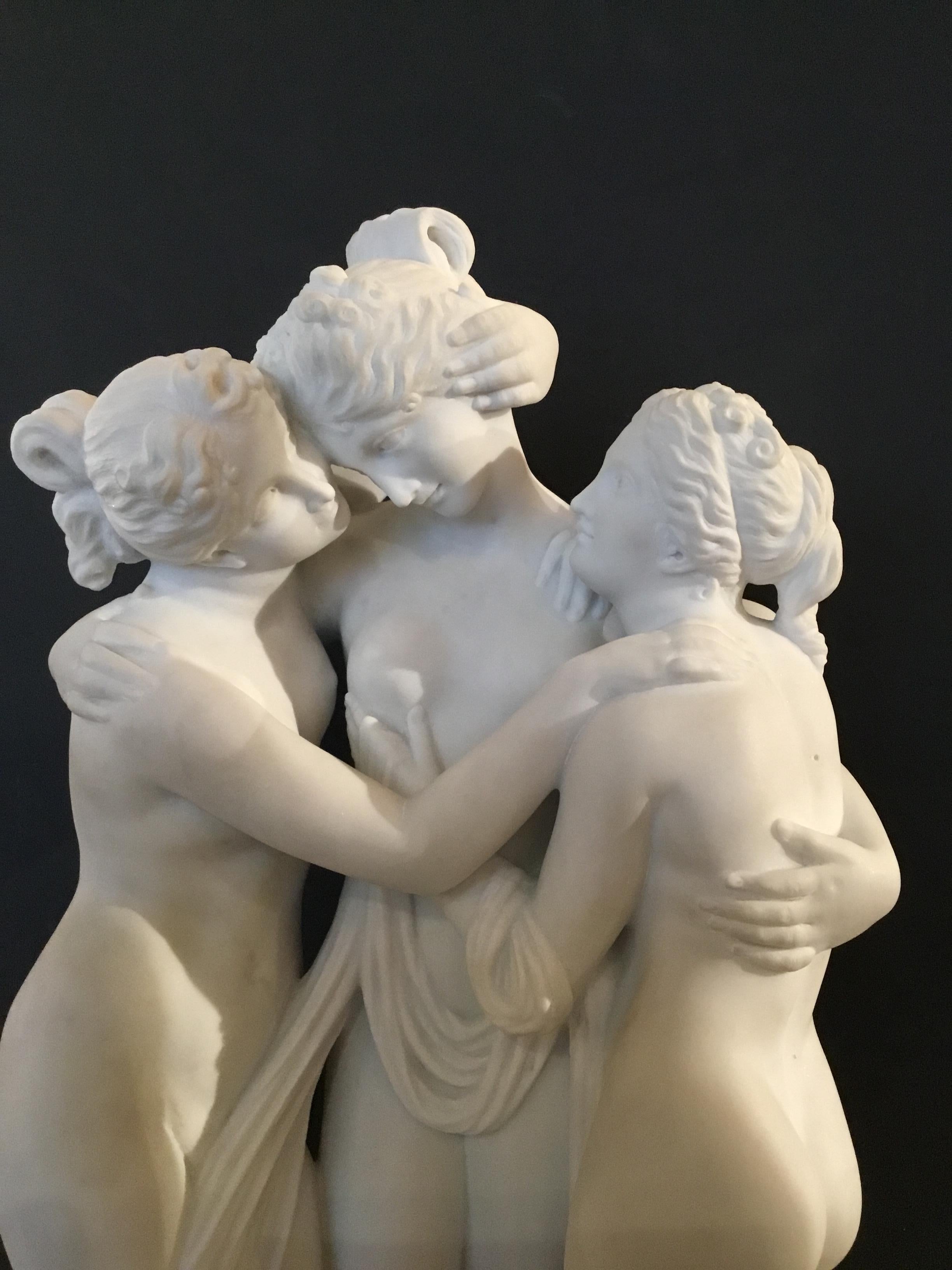 Carved figural sculpture of “the three graces” carved in white marble
Set on a gray veined marble base, inscribed “Canova” at base
After Antonio Canova commissioned by Empress Josephine and now
Conserved at the hermitage, St. Petersburg.
