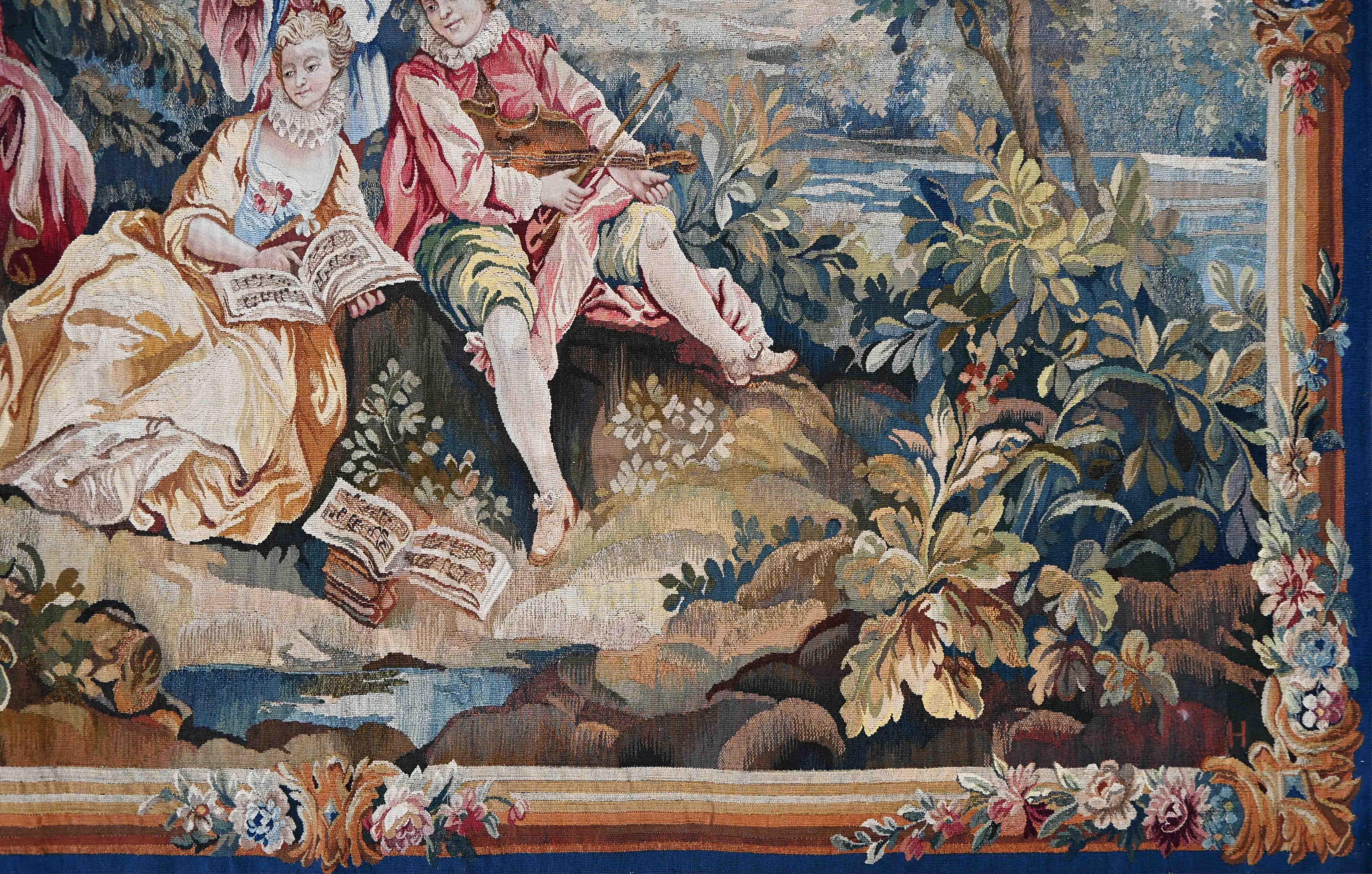 Französischer Wandteppich „The Three Musicians in the taste Lancret Taste“, Französisch, 19. - N. 1479 (Handgewebt) im Angebot