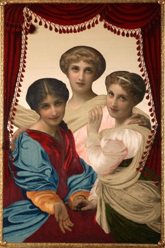 Combined Techniques Painting "The Three Sisters" by C. Josuan, Argentina, 1896