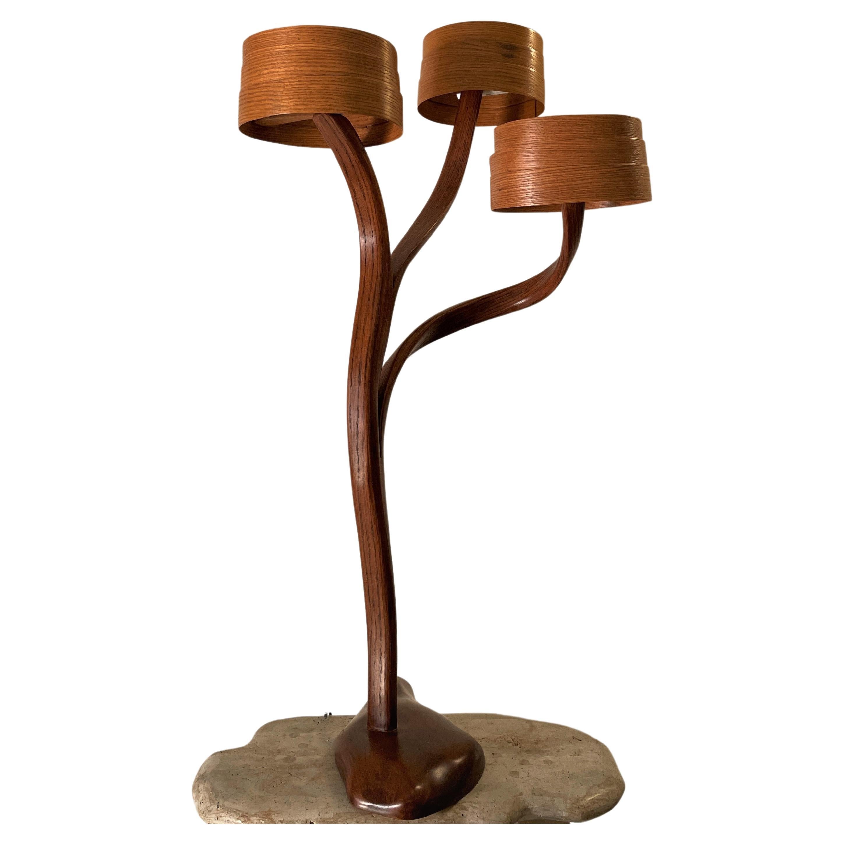 La lampe de table a un design de forme libre ; le bois se plie et se courbe avec de belles coulées pour créer le design. Les détails artisanaux de la pièce, tels que les courbes, les différentes épaisseurs de bois et les torsions, donnent à la pièce