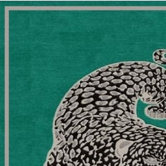 Green field Tibetan Snow Leopard Modern Rug Hand Knotted Wool and Silk Fine Art