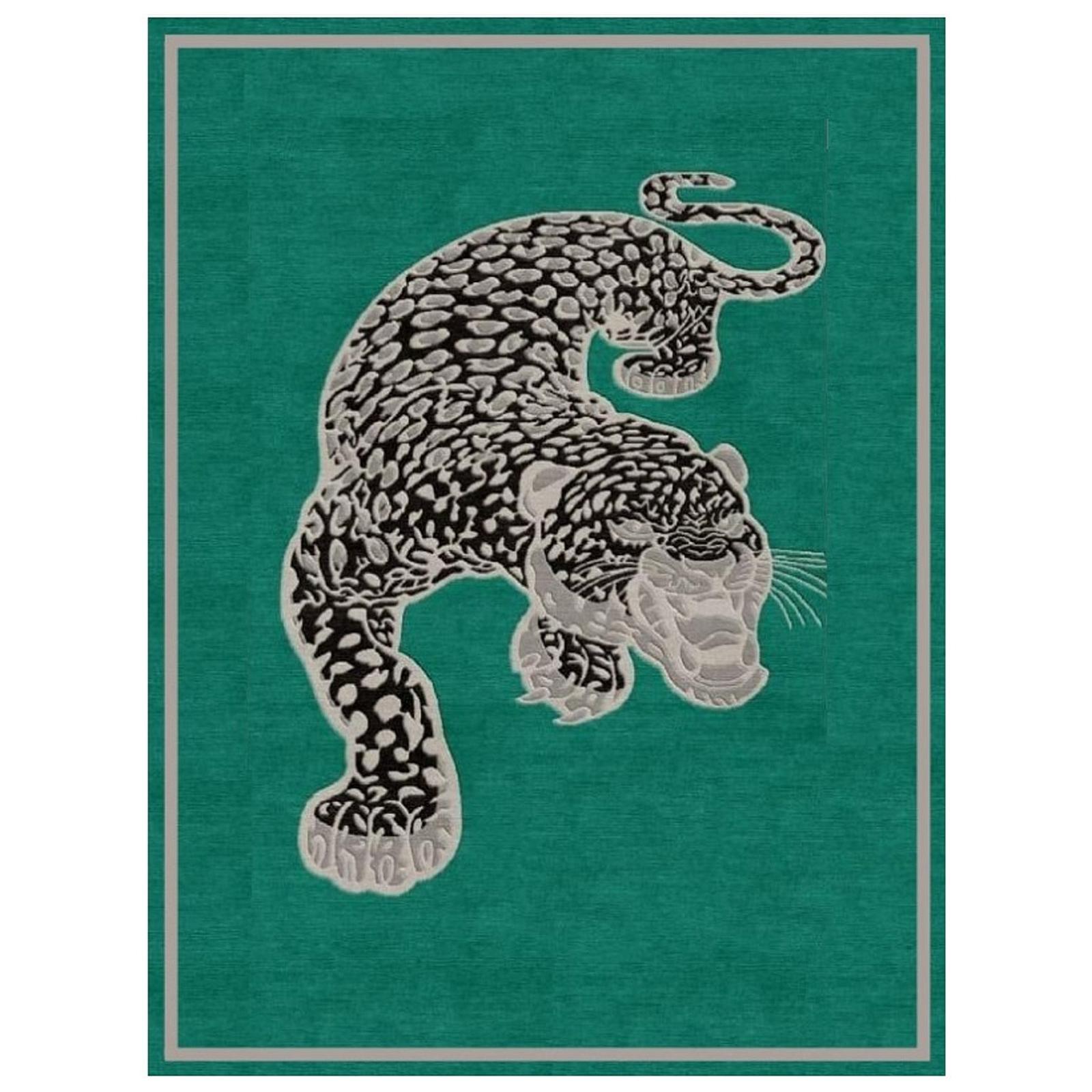 Green field Tibetan Snow Leopard Modern Rug Hand Knotted Wool and Silk Fine Art For Sale