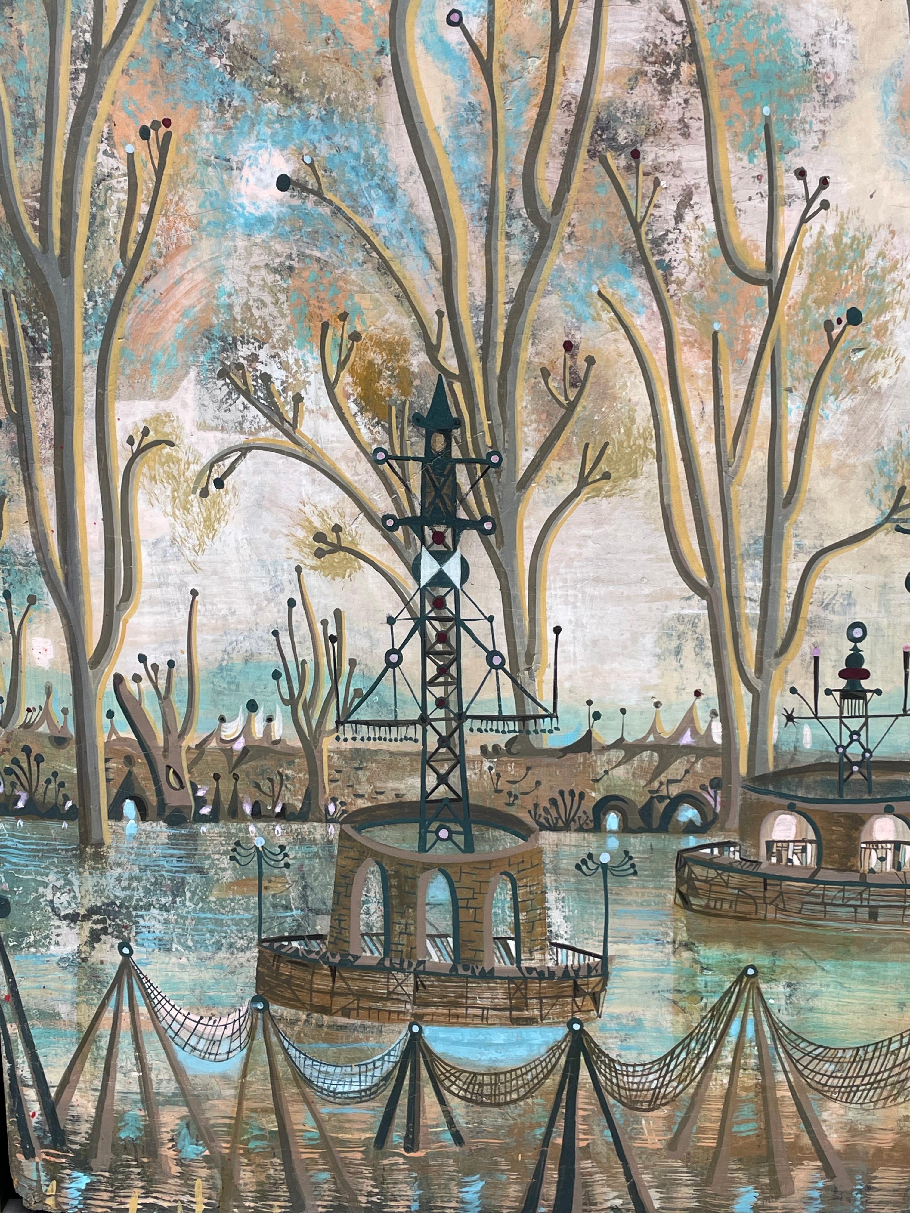 Fantastica scena fluviale con alberi stilizzati e strutture simili a barche, creata dal noto artista newyorkese Kevin Paulsen utilizzando vernice e pigmenti applicati al gesso rivestito di polistirolo, racchiusa in una cornice in legno