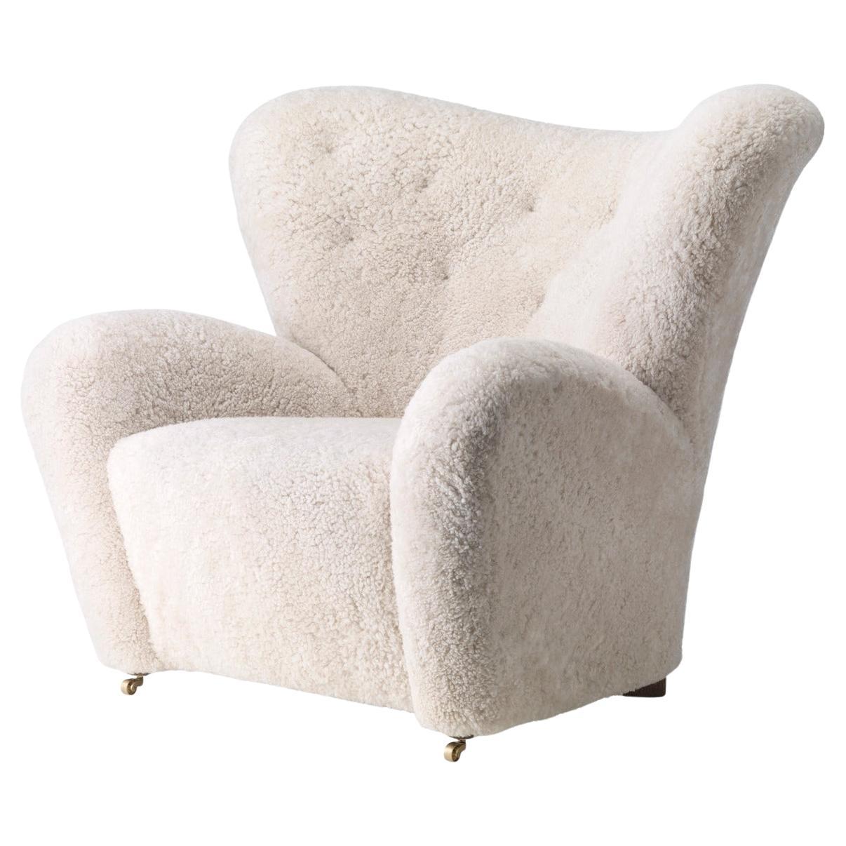 The Tired Man Lounge Chair -Sheepskin Moonlight/Oak by Flemming Lassen for Audo For Sale