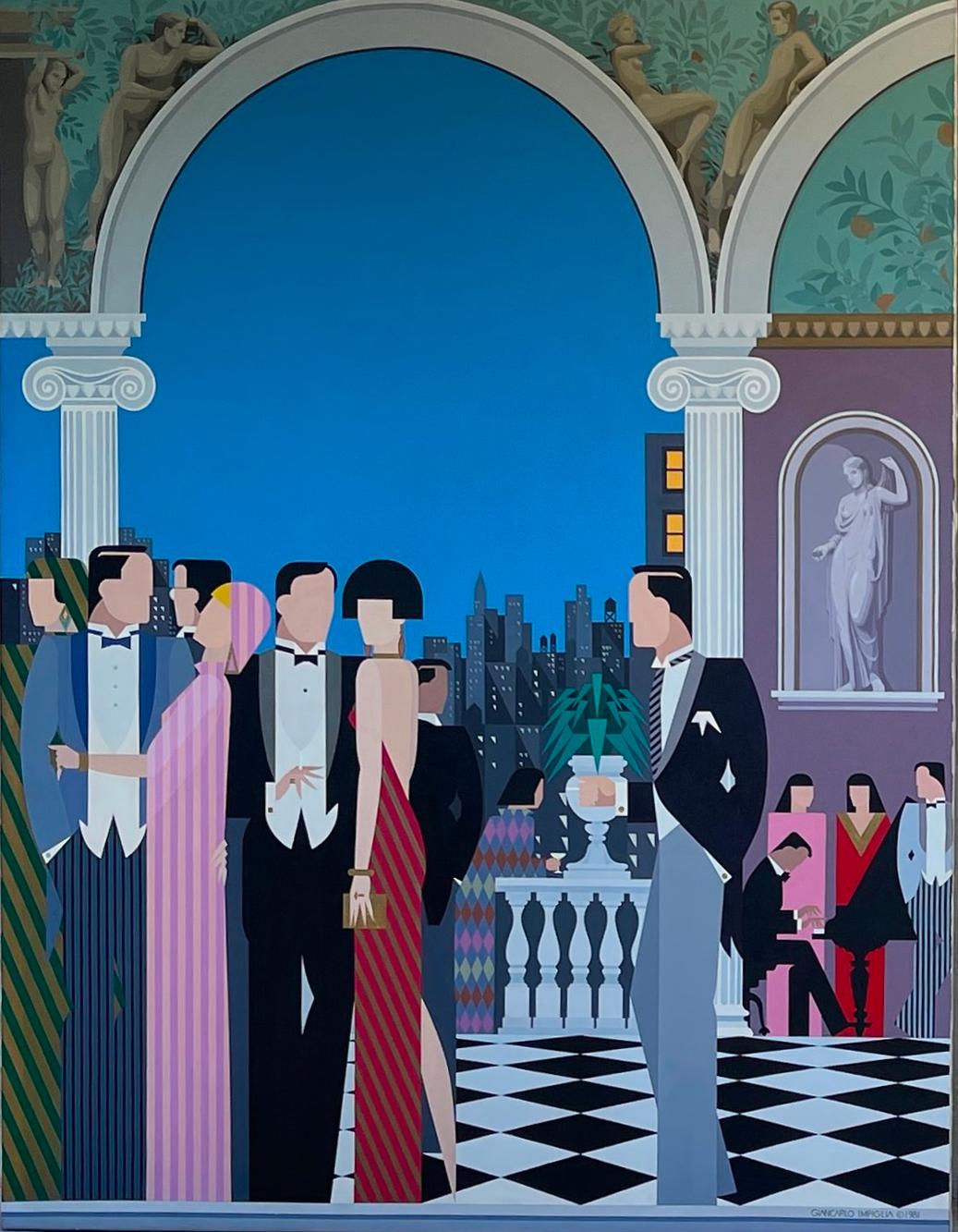 Acrylique sur toile représentant une fête sur une terrasse new-yorkaise avec des colonnes ioniques et la ligne d'horizon de New York en arrière-plan. L'œuvre a été commandée par la famille Fortunoff et est publiée aux pages 100 et 101 du catalogue