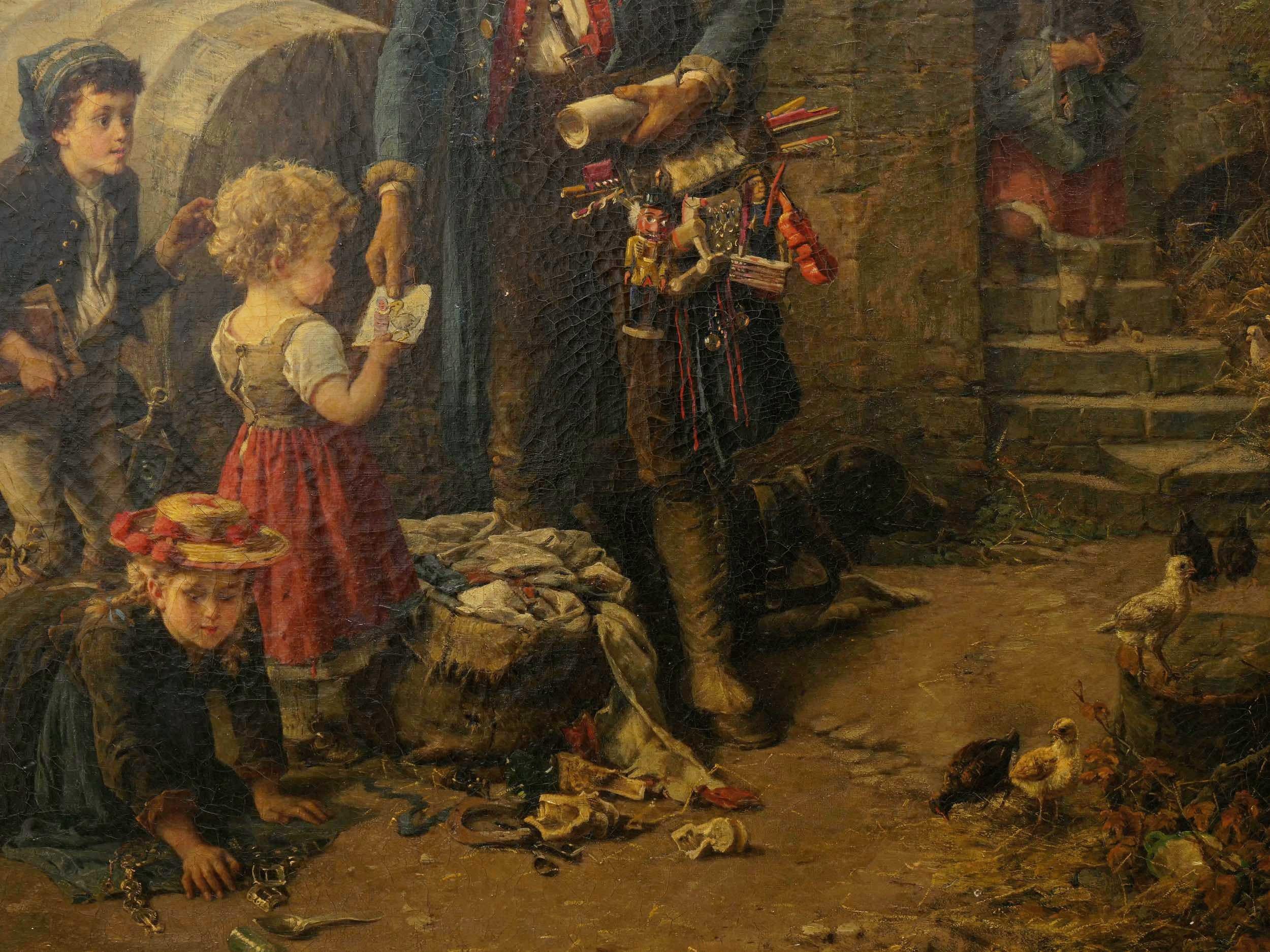 19th Century “The Toy Seller” (1874) Antique Oil Painting by Fritz Beinke (German, 1842-1907