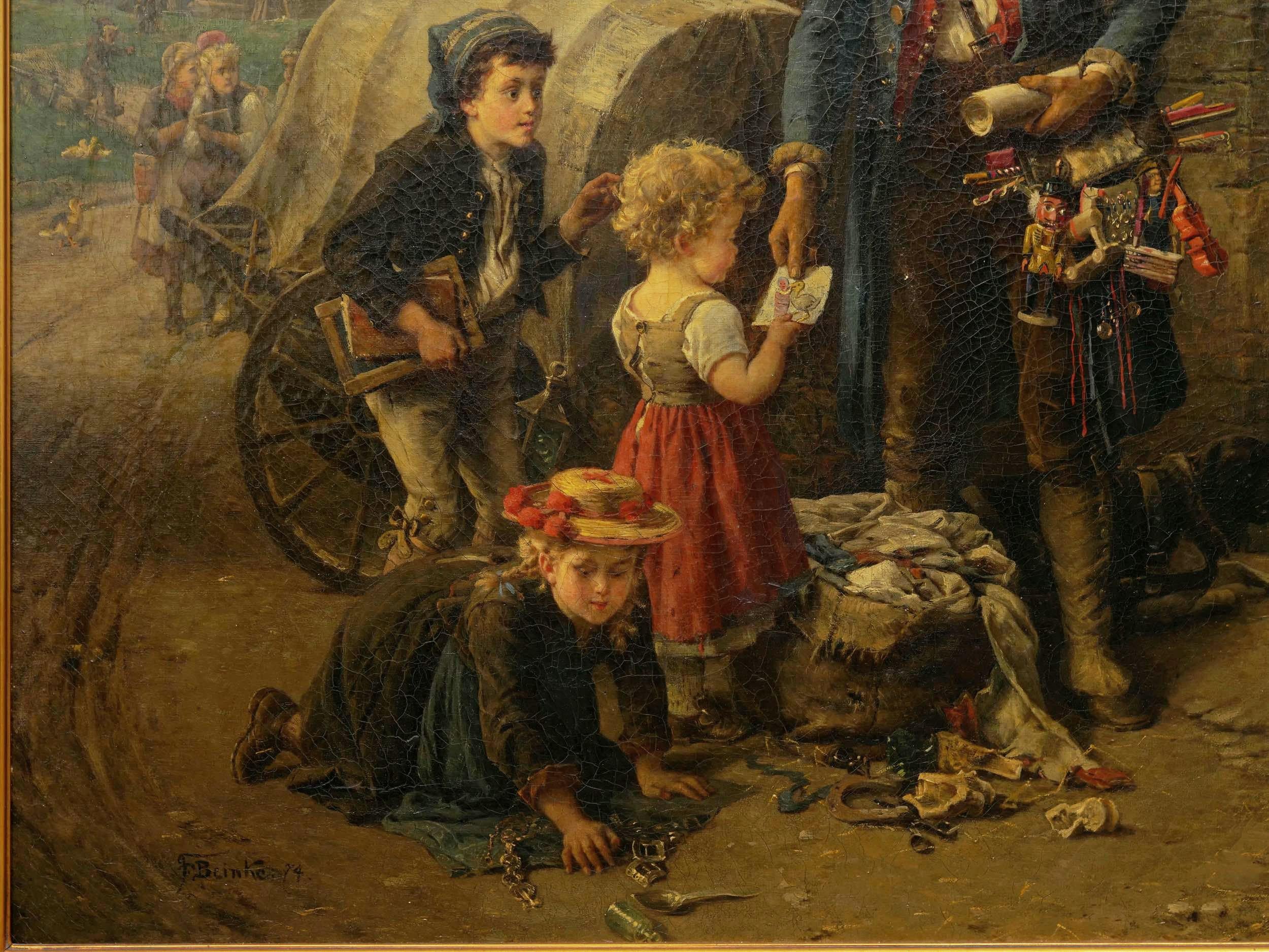 Canvas “The Toy Seller” (1874) Antique Oil Painting by Fritz Beinke (German, 1842-1907