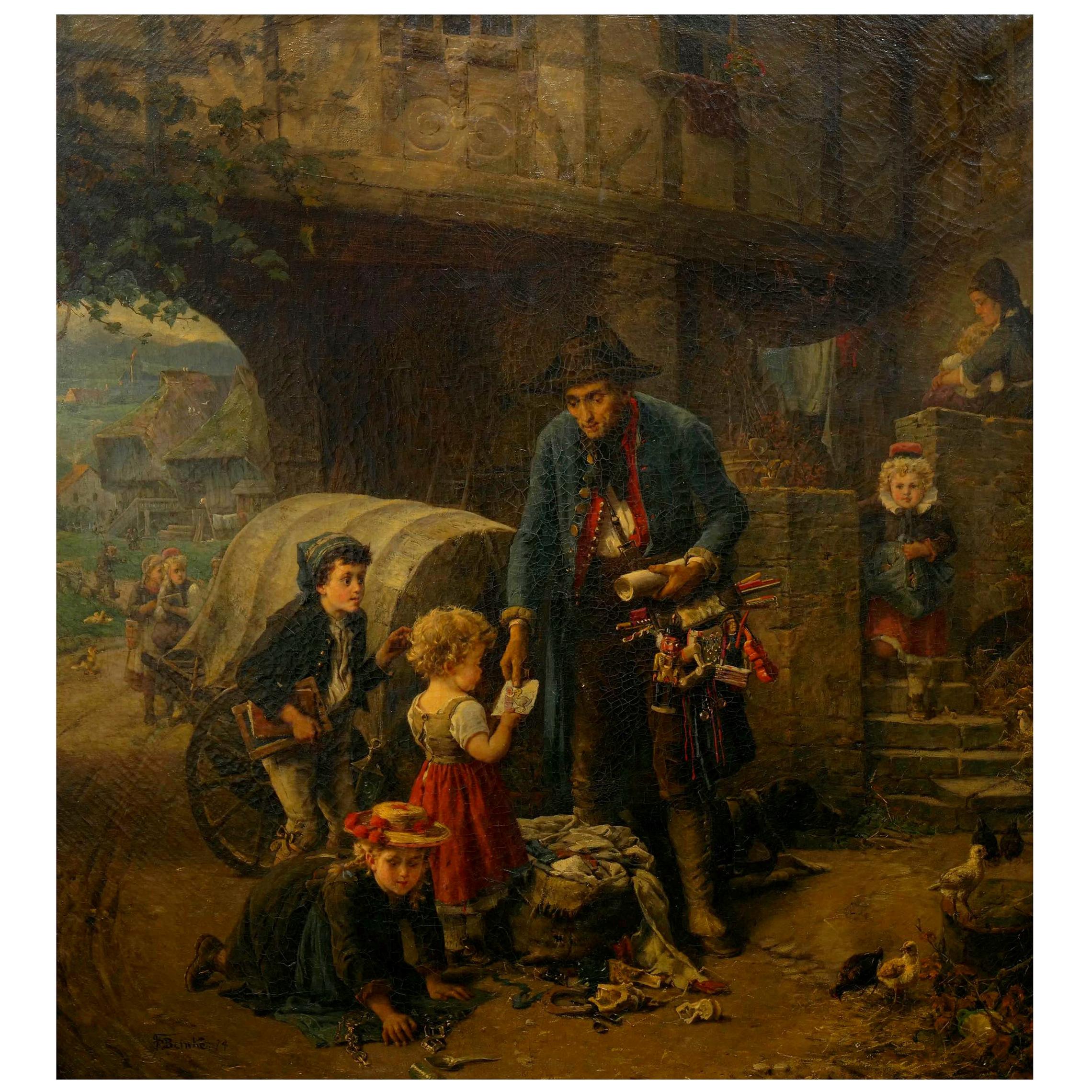 “The Toy Seller” (1874) Antique Oil Painting by Fritz Beinke (German, 1842-1907