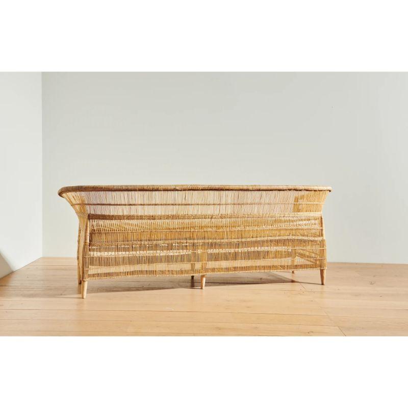 Organic Modern Handwoven Malawi Cane Sofa in Traditional Weave with White Linen Cushion - 83