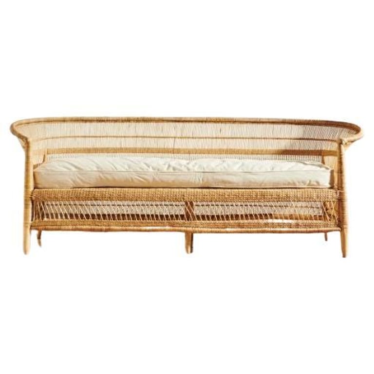 Handwoven Malawi Cane Sofa in Traditional Weave with White Linen Cushion 83" For Sale at 1stDibs
