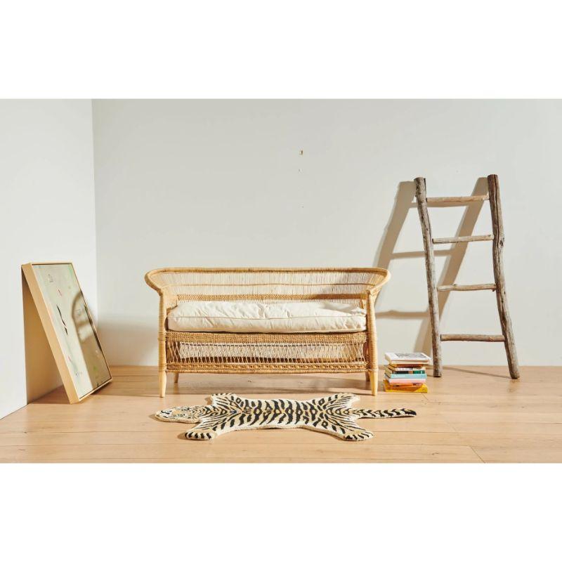 Organic Modern Handwoven Malawi Cane Sofa in Traditional Weave with White Linen Cushion For Sale