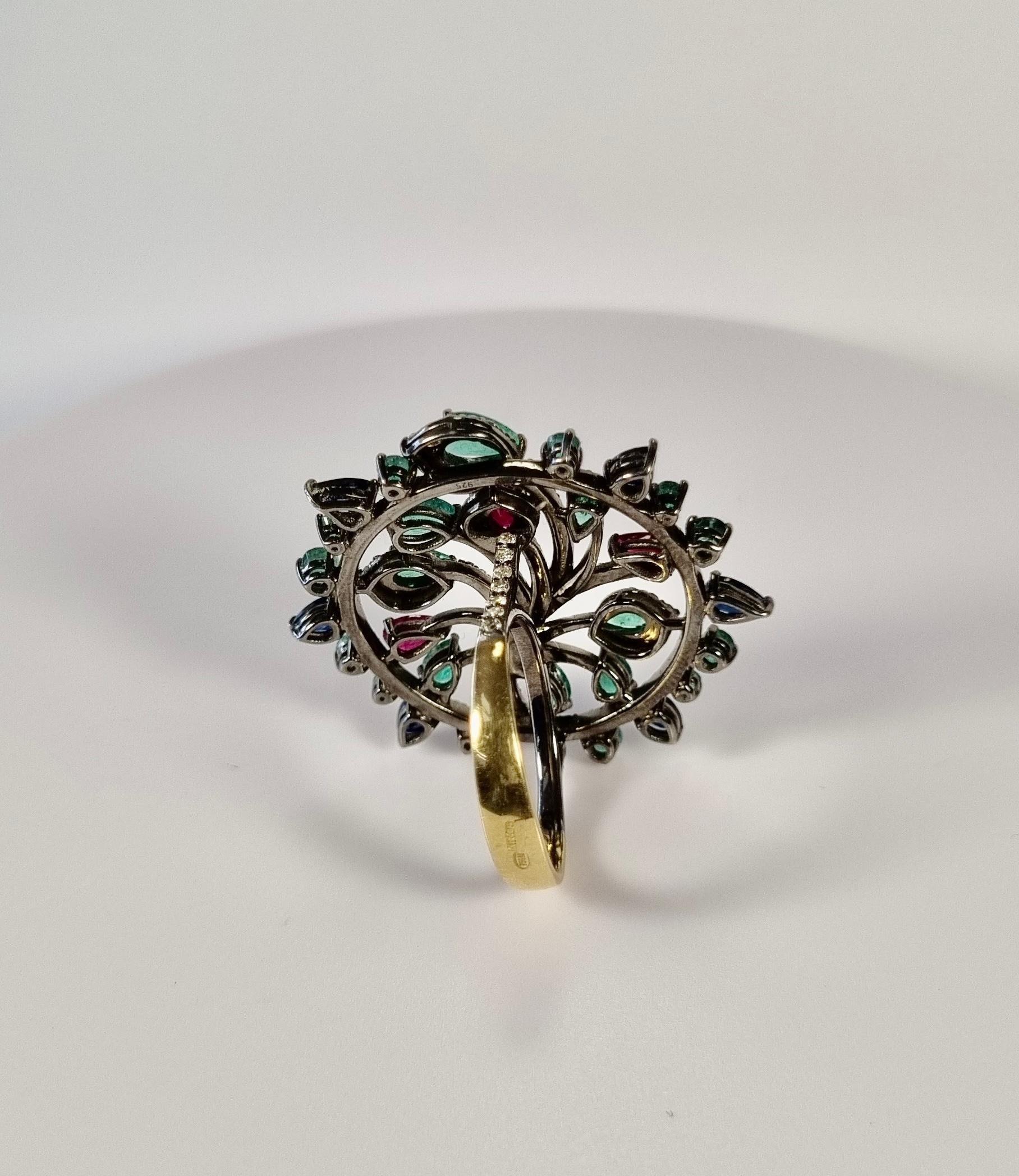 Romantic Tree of Life Ring 18k Gold, Silver Diamonds Rubies Sapphires Ring For Sale