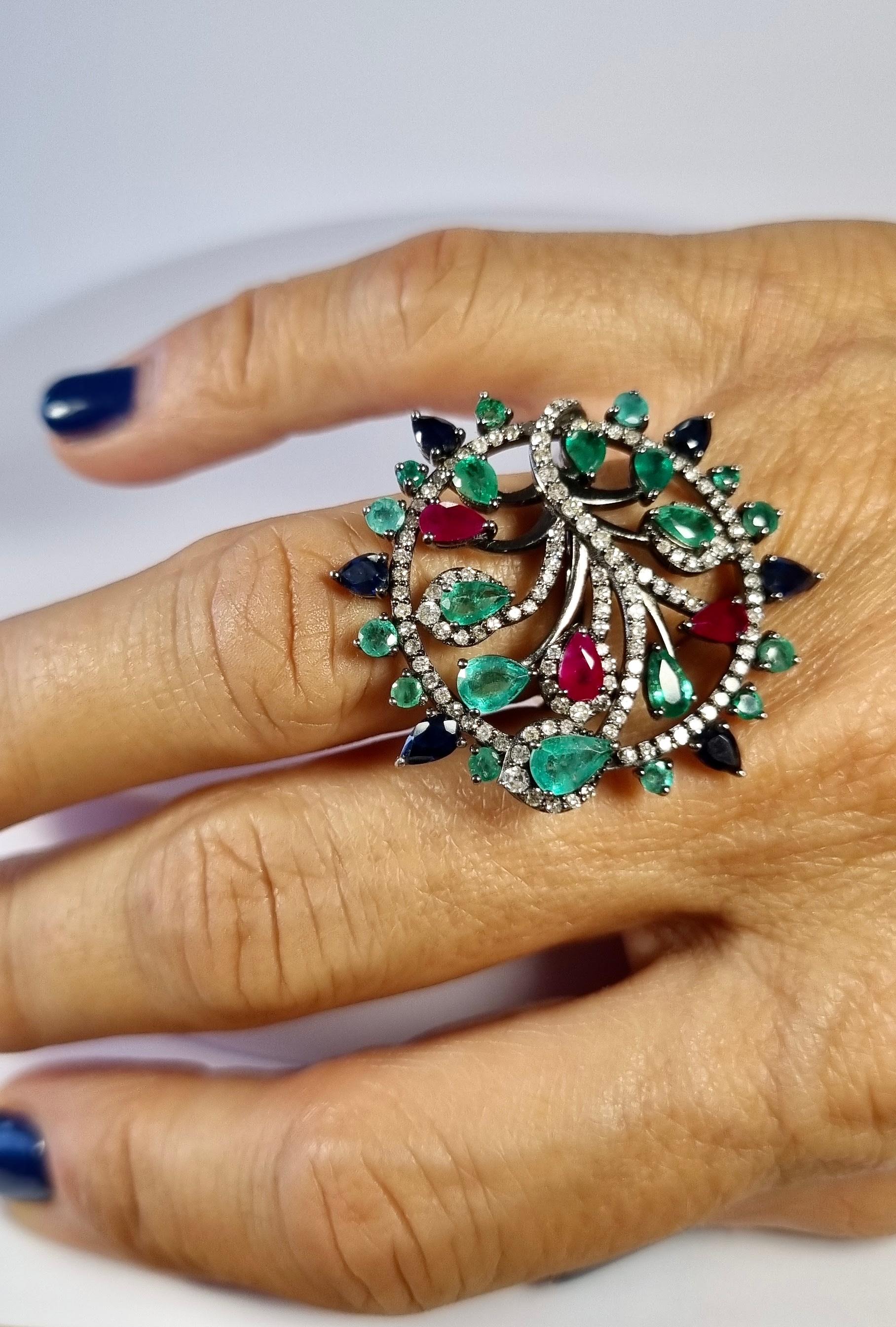 Ring Baum des Lebens 18k Gold, Silber Diamanten Rubine Saphire Ring im Zustand „Neu“ im Angebot in Bilbao, ES