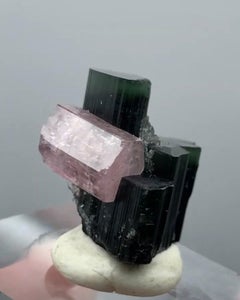 The Trio Of Green Cap Tourmaline Crystals With Pink Apatite From Pakistan