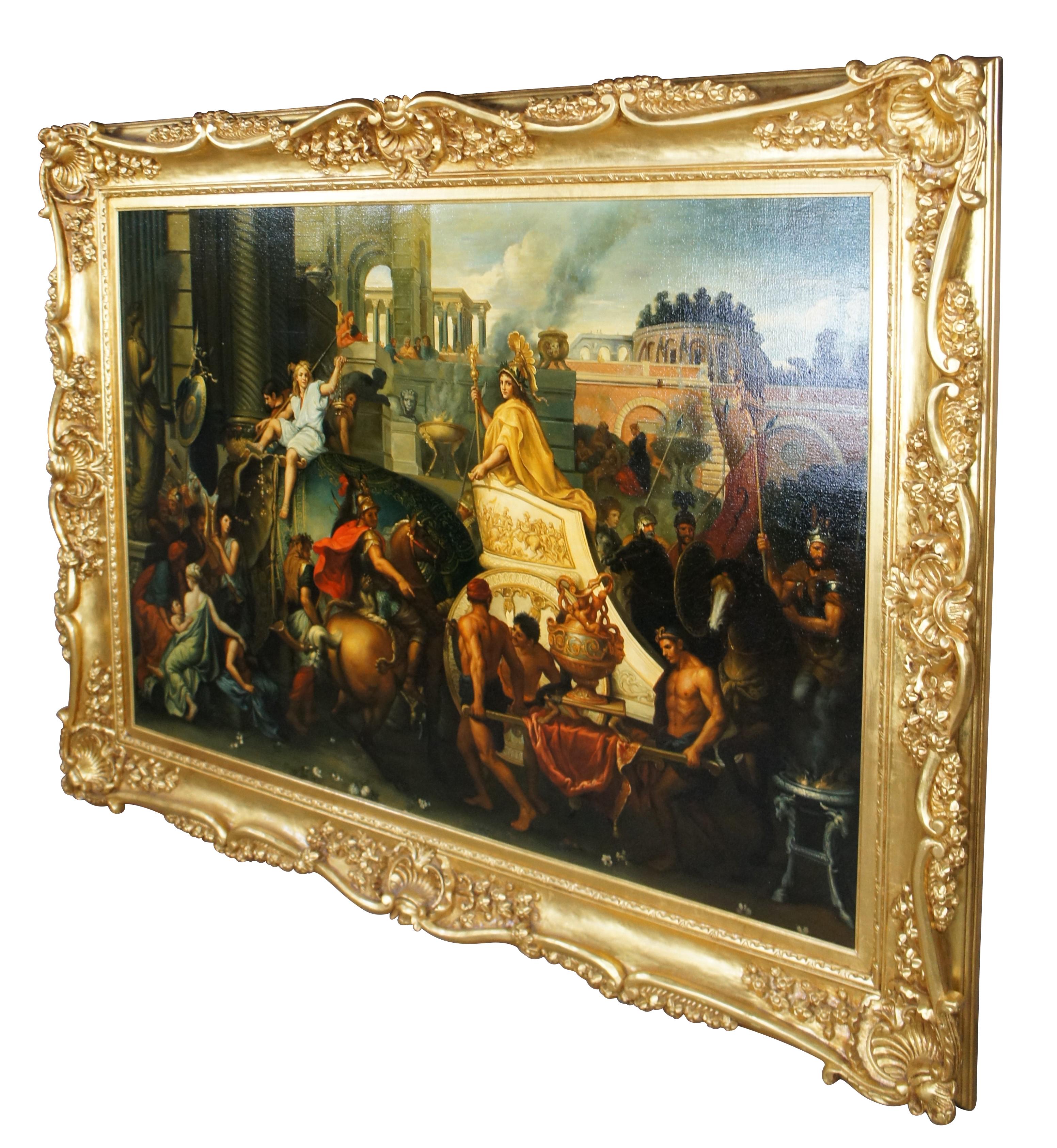 A beautiful hand painted reproduction of Alexander Entering Babylon by Charles Le Brun.  The original was created between 1661-1665 and currently is on display at the Louvre.  Features Alexander the Great triumphantly entering Babylon on his