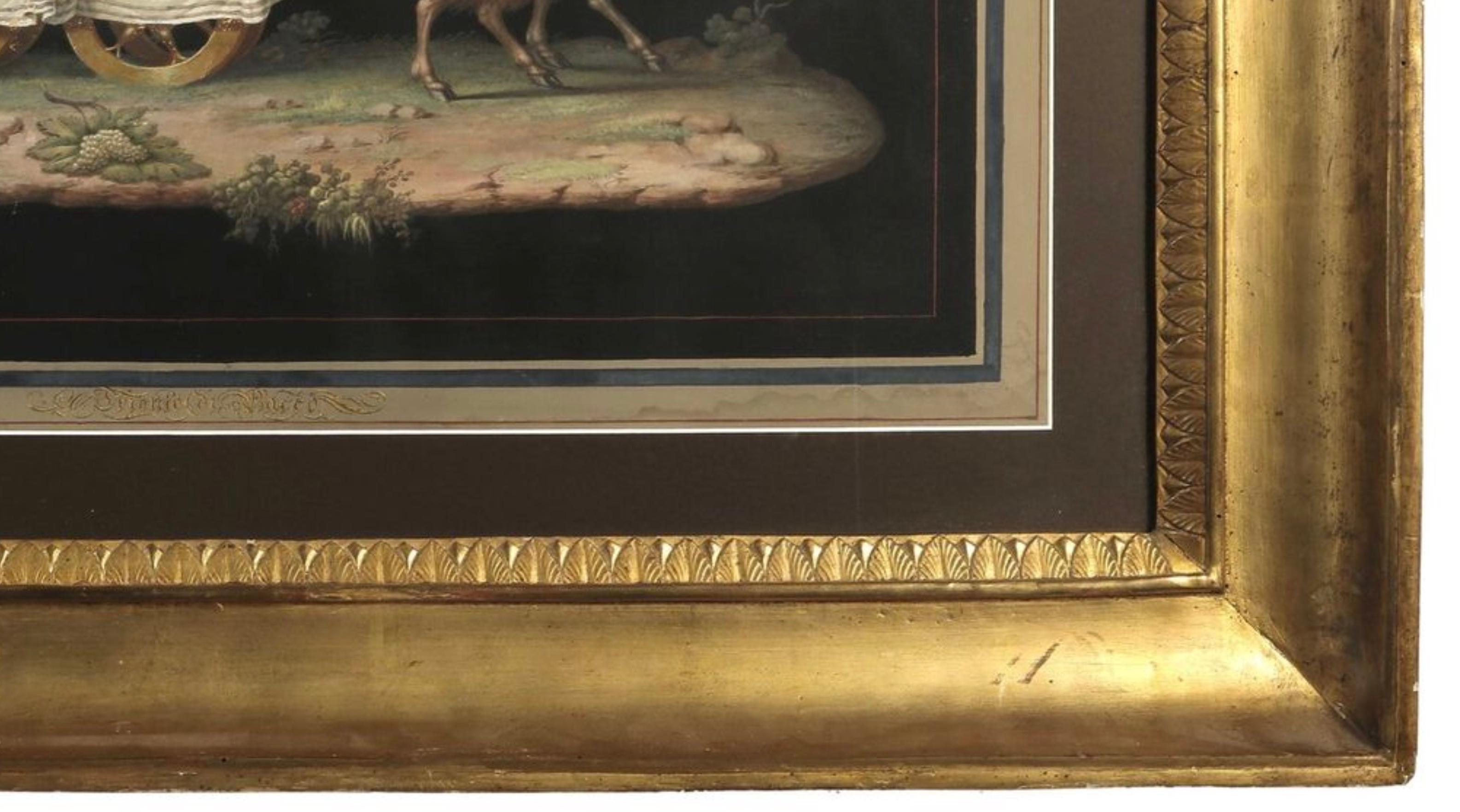 Michelangelo Maestri.
The triumph of Bacchus called The genius of Bacchus.
Gouache on paper, 18th century Roman frame.
Early 19th century.
H. 70,5 - L. 84,5 cm.

The compositions of the Italian painter Michelangelo Maestri are taken from the