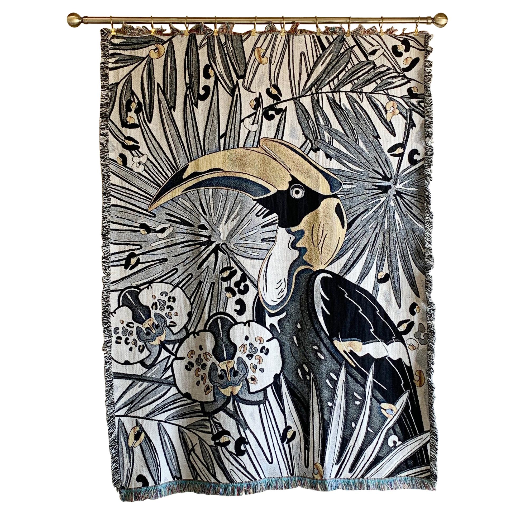 The Tropics Collection 'Hornbill' Woven Throw Monochrome and Gold For Sale