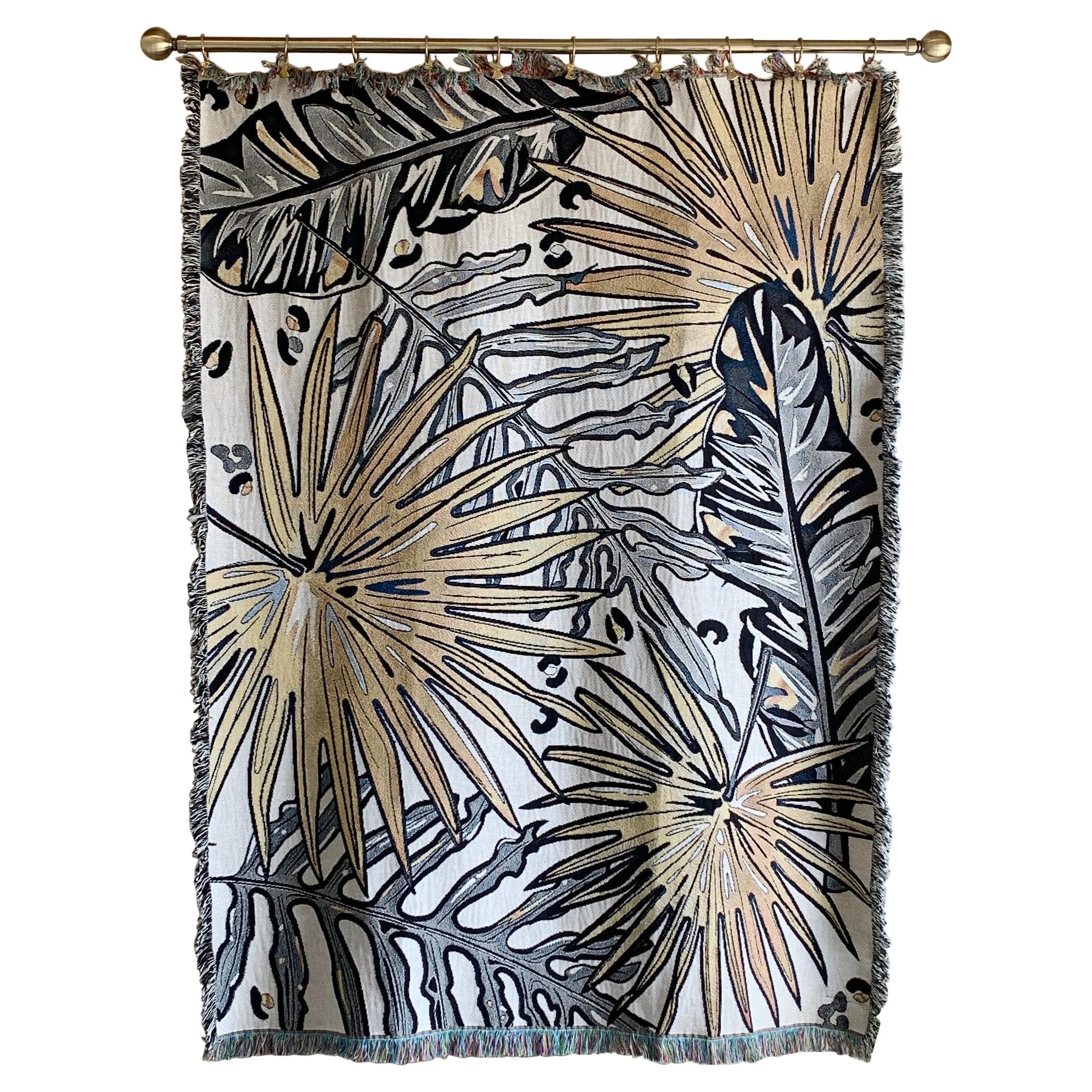 The Tropics Collection 'Palm Leaf' Woven Throw Monochrome and Gold For Sale