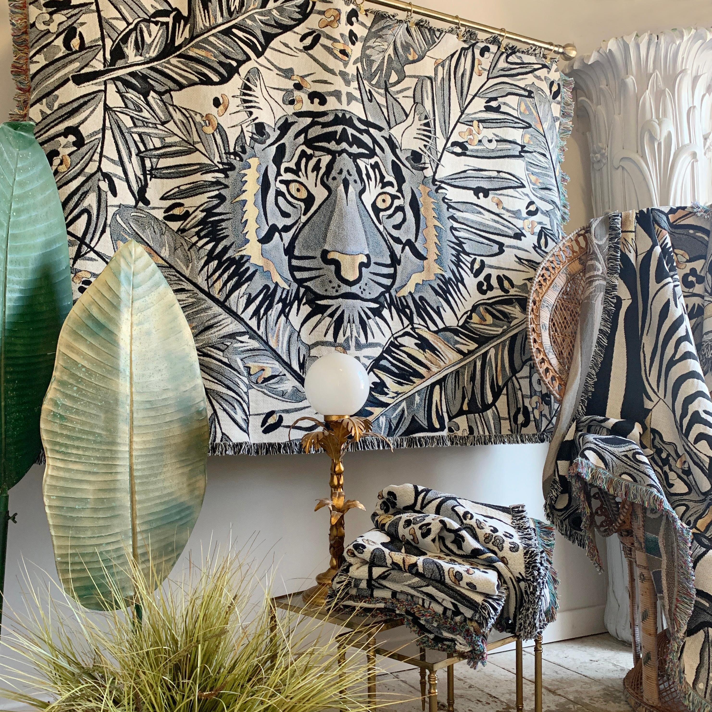 English The Tropics Collection 'Tiger' Woven Throw Monochrome and Gold For Sale