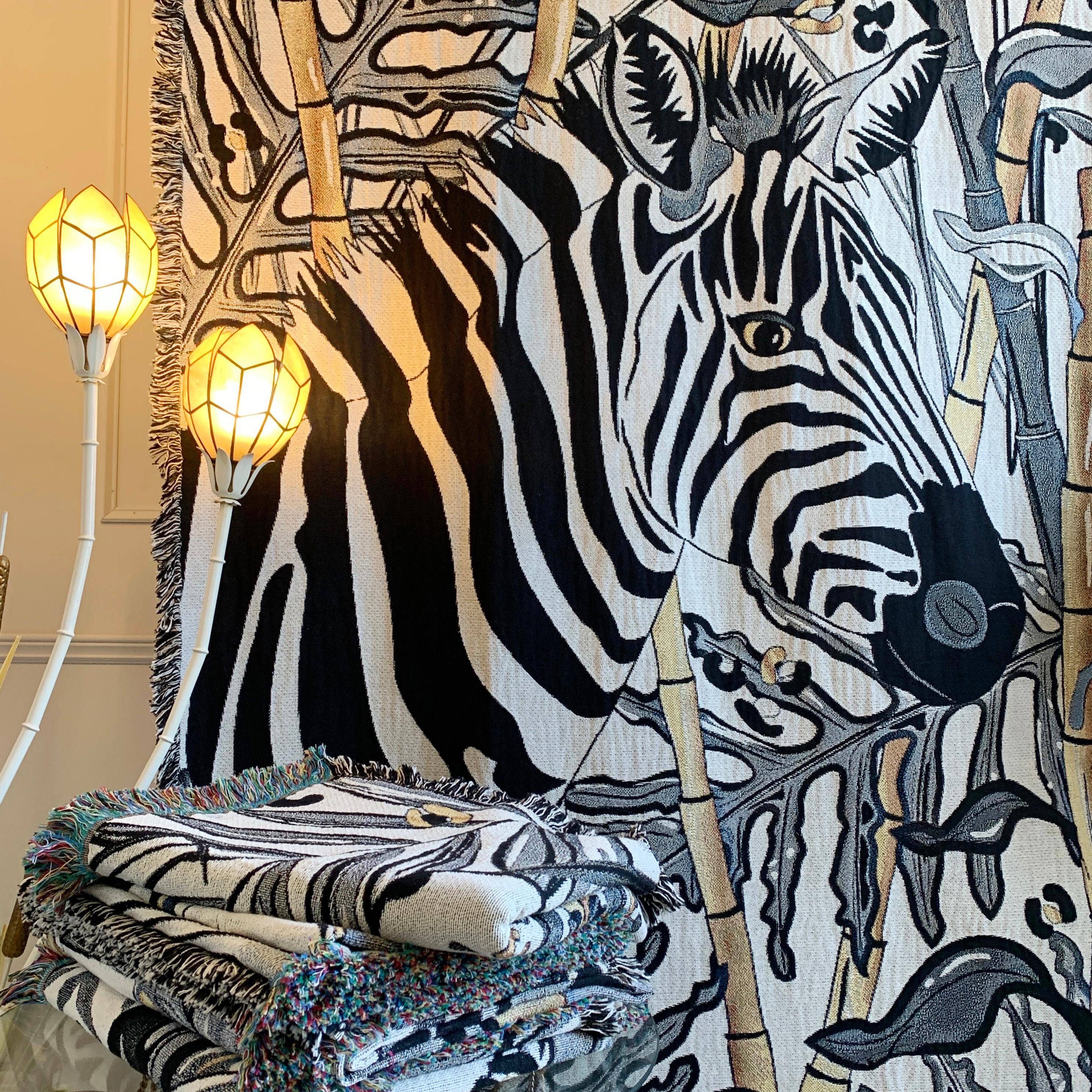 Contemporary The Tropics Collection 'Zebra' Woven Throw Monochrome and Gold For Sale