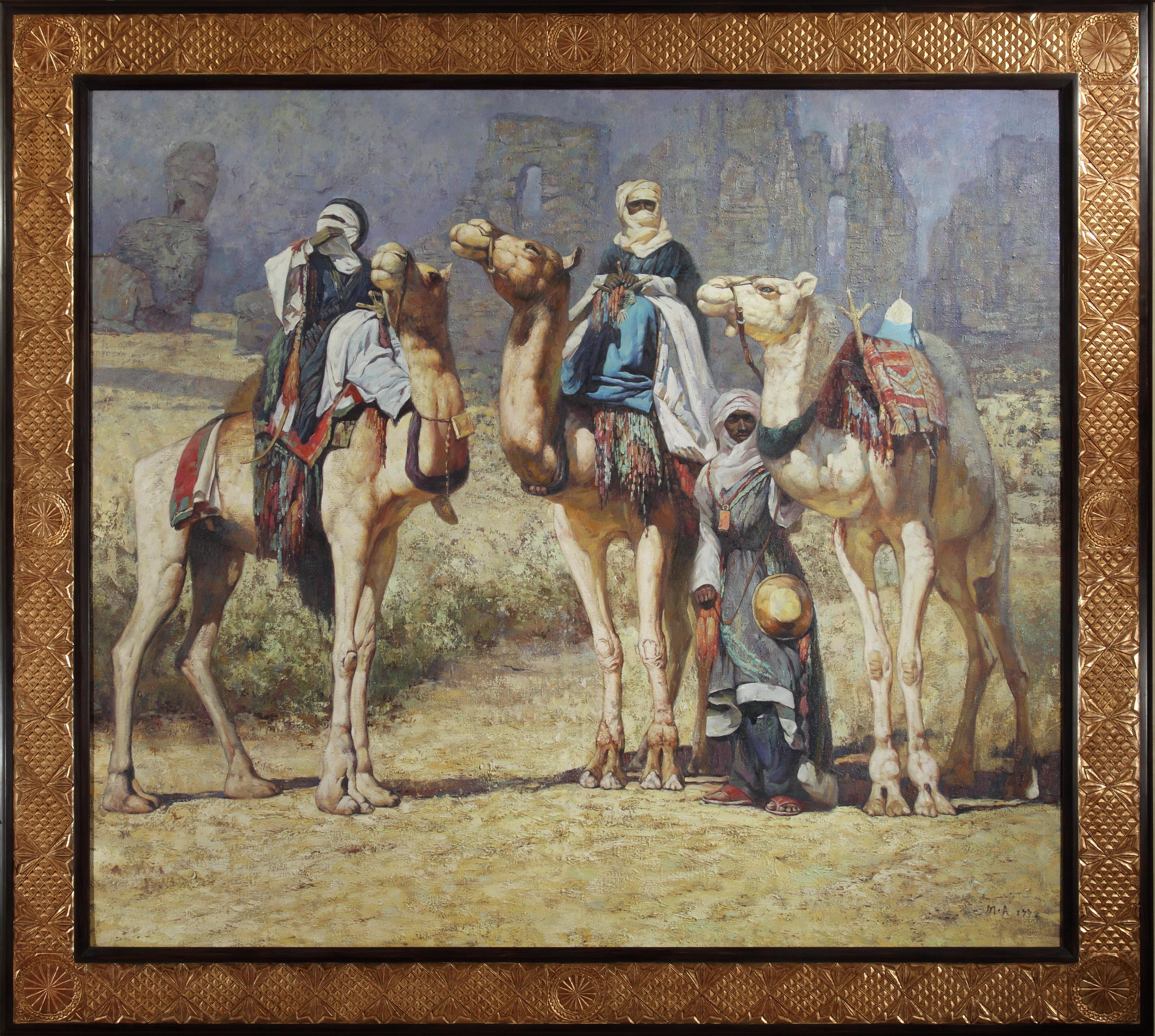 Large Orientalist painting, lovely framed, representing a group of three nomads and their camel in a rocky desert setting bathed in sunlight.

Carry an unreadable signature down right.

The word 