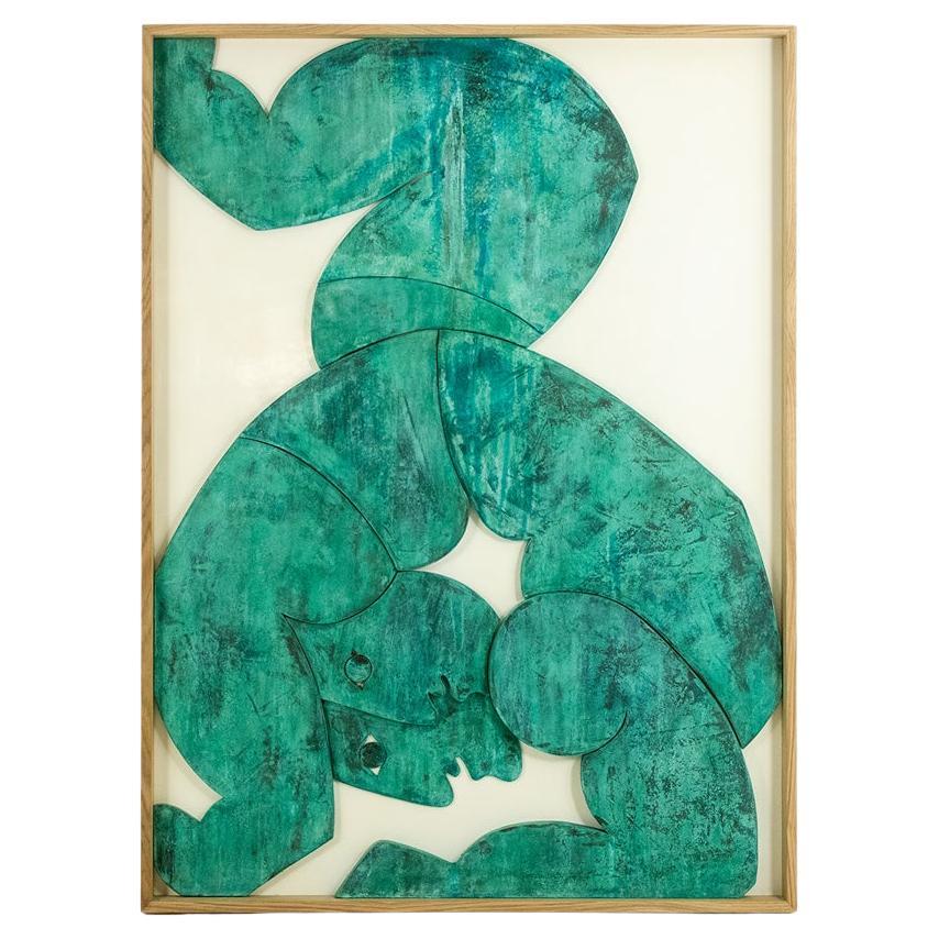 'The Twins', bas-relief framed in oak wood and patinated copper.