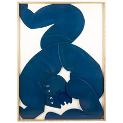 "The Twins". Bas-relief panel in blue-lacquered wood. Contemporary.