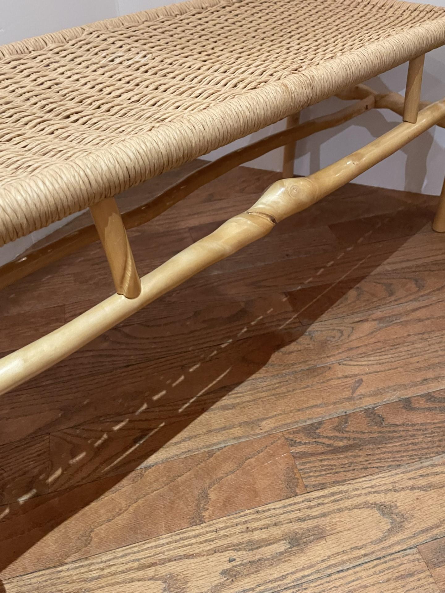 American Craftsman  The Twisted Sassafras Wood & Rush Seat Bench, by Studio  Artist, David Ebner  For Sale
