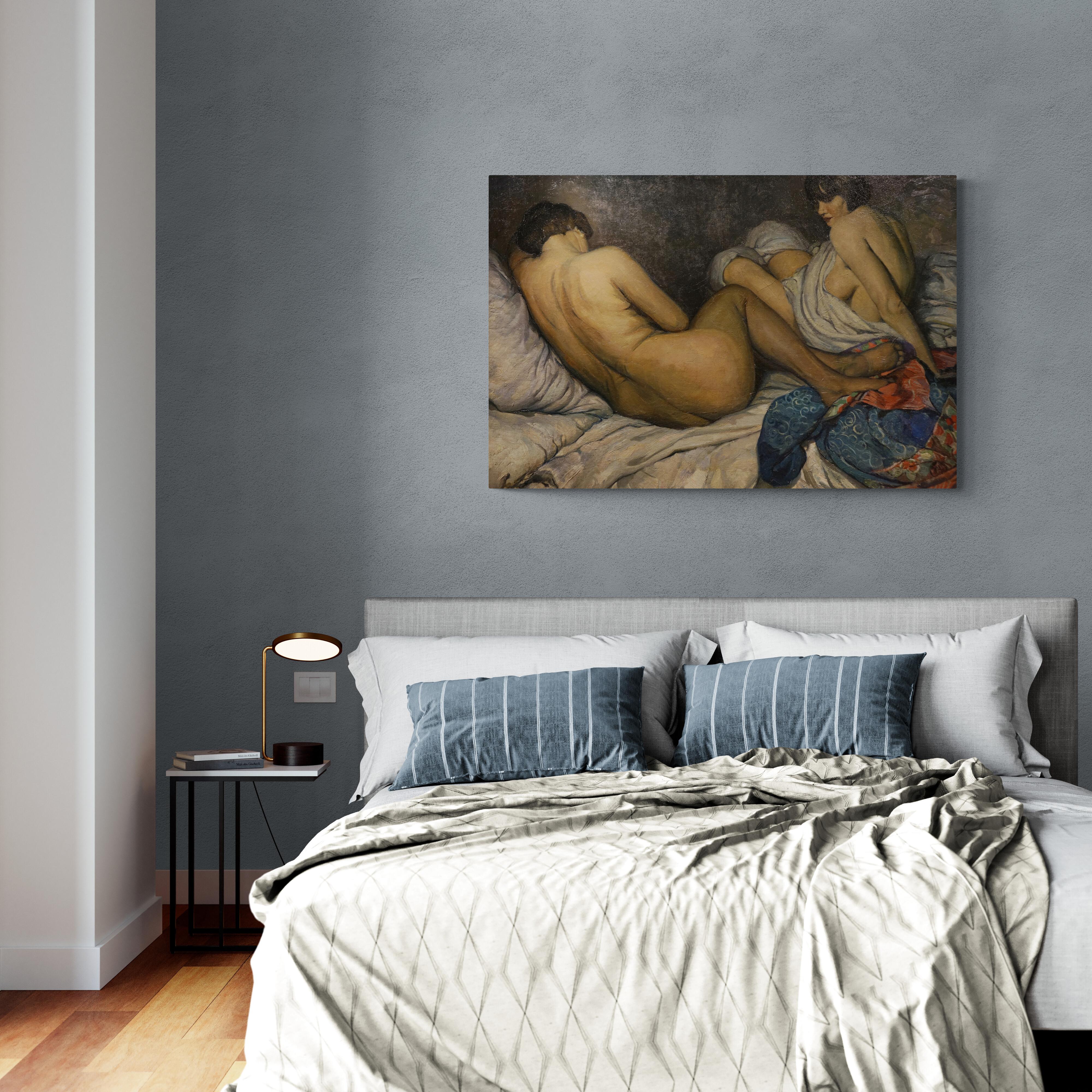 Öl auf Leinwand signiert F.MOLINA unten links, gefunden in Paris am 5. Juni 1925.
Sehr schöne, fast fauvistische Atmosphäre, die zwei nackte Frauen auf einem Bett liegend darstellt, im Vordergrund ein reich besticktes Tuch oder ein Schal.
Auf einer