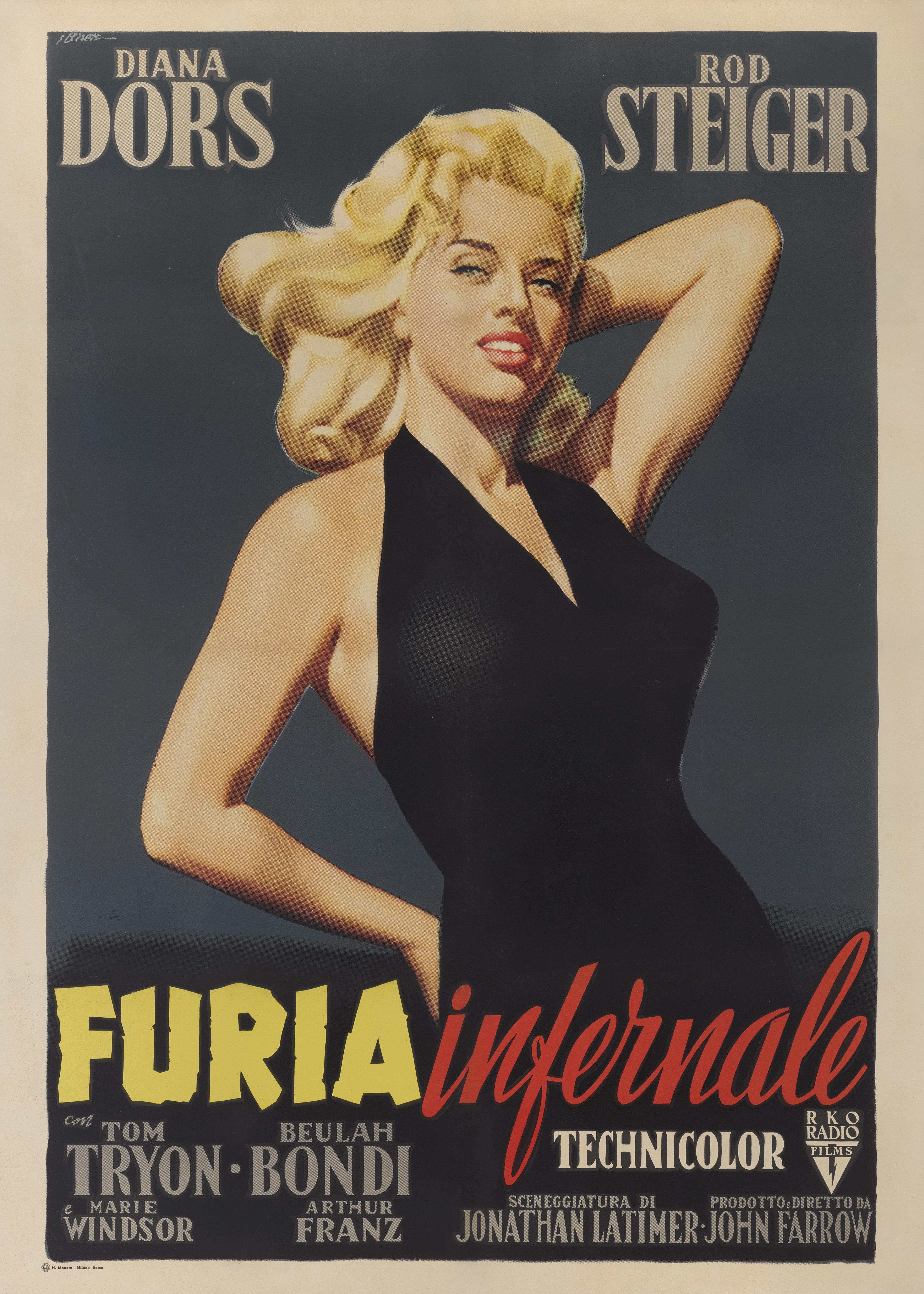 Original Italian film poster for The Unholy Wife 1957.
This film noir was directed and produced by John Farrow, and stars Diana Dors, Rod Steiger, Tom Tryon and Beulah Bondi. Dors plays Phyllis Hochen, a gold-digger who cheats on her wealthy