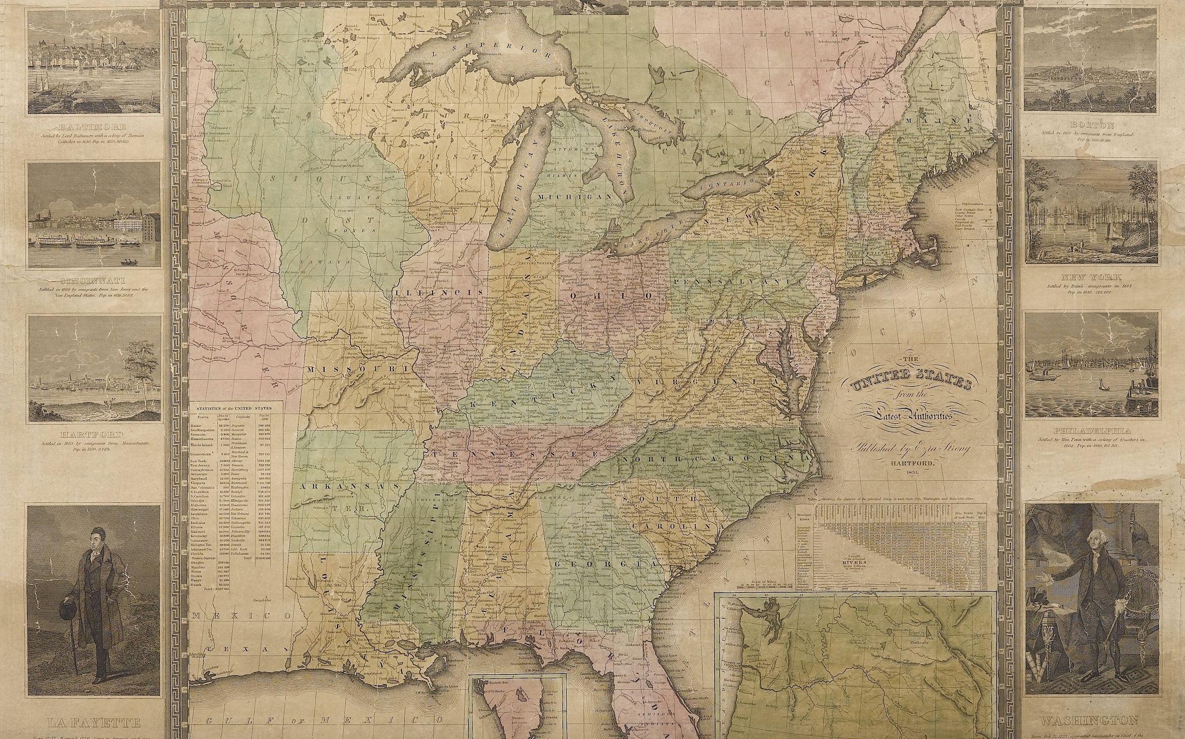 This is a 1835 map of “The United States from the Latest Authorities” by Ezra Strong. A hand-colored engraved wall map of the eastern half of the United States, this map has a large inset of the 