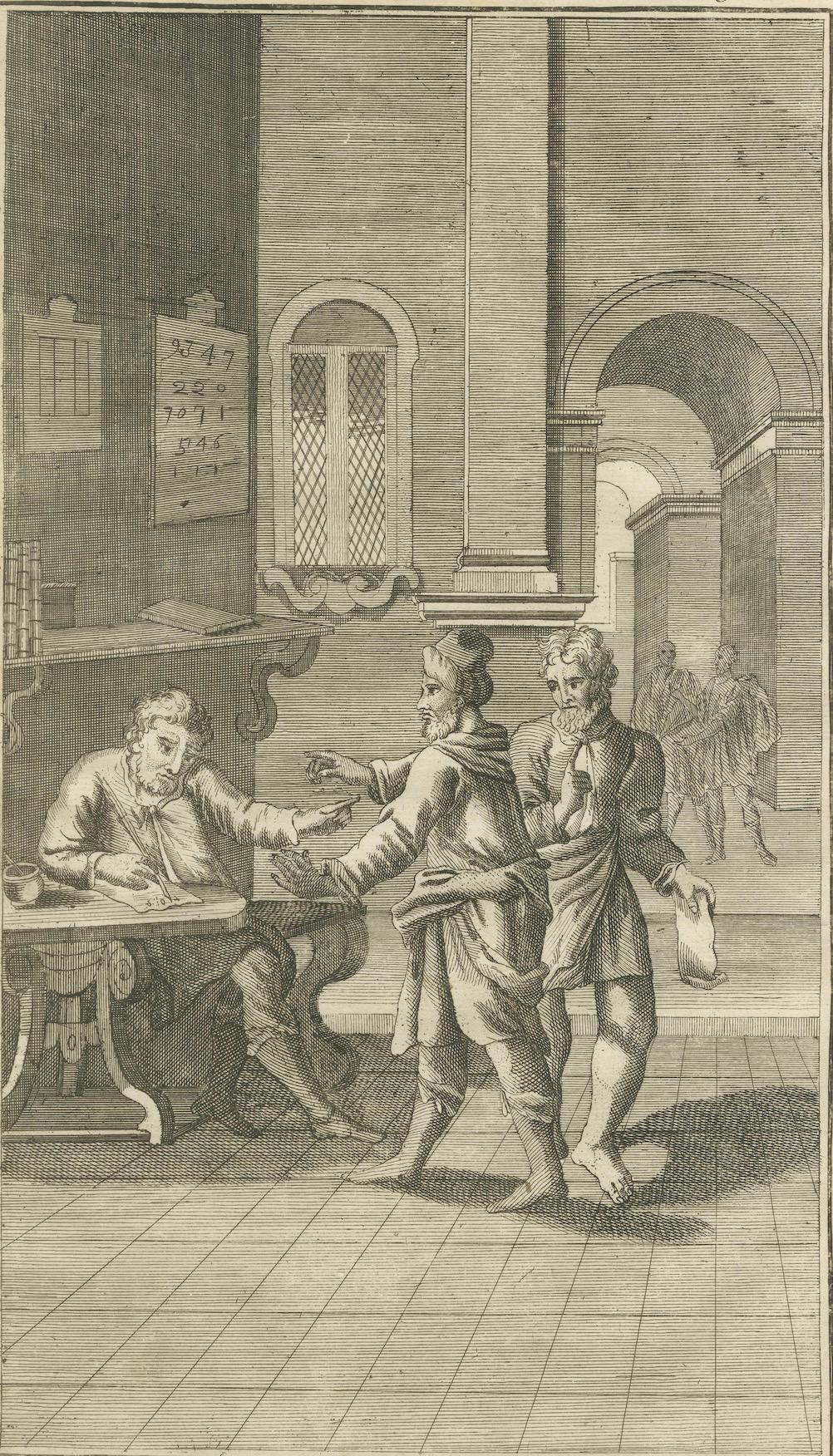 Paper The Unjust Steward Engraving – Luke XVI Parable Scene 1735 For Sale