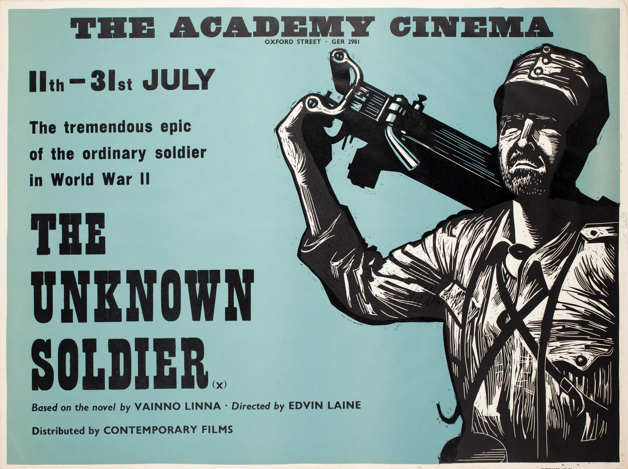 Le design magistral de Peter Strausfeld figure sur l'affiche de l'Academy Cinema pour le chef-d'œuvre de guerre de Laine, Tuntematon sotilas (Le soldat inconnu).

Né à Cologne, Strausfeld est arrivé en Angleterre en 1938. Alors qu'il était interné