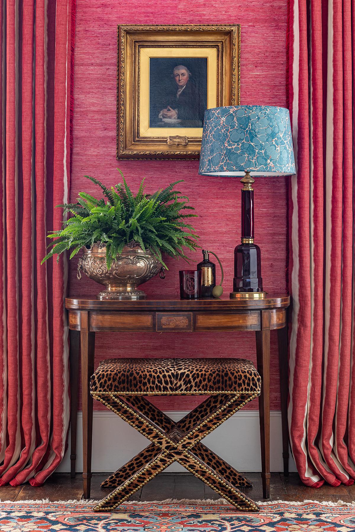 Regency The upholstered Alexander X-Frame stool in Leopard Velvet with nailing detail For Sale