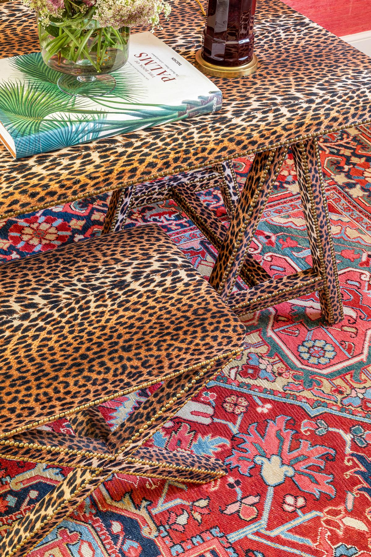 The upholstered Alexander X-Frame stool in Leopard Velvet with nailing detail In New Condition For Sale In London, GB