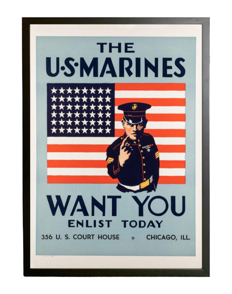 This is an original World War II Marines recruitment poster, issued in 1940. The poster depicts a no-nonsense Marine drill instructor, pointing directly at the viewer, in front of a 48-star American flag.  The persuasive text, 