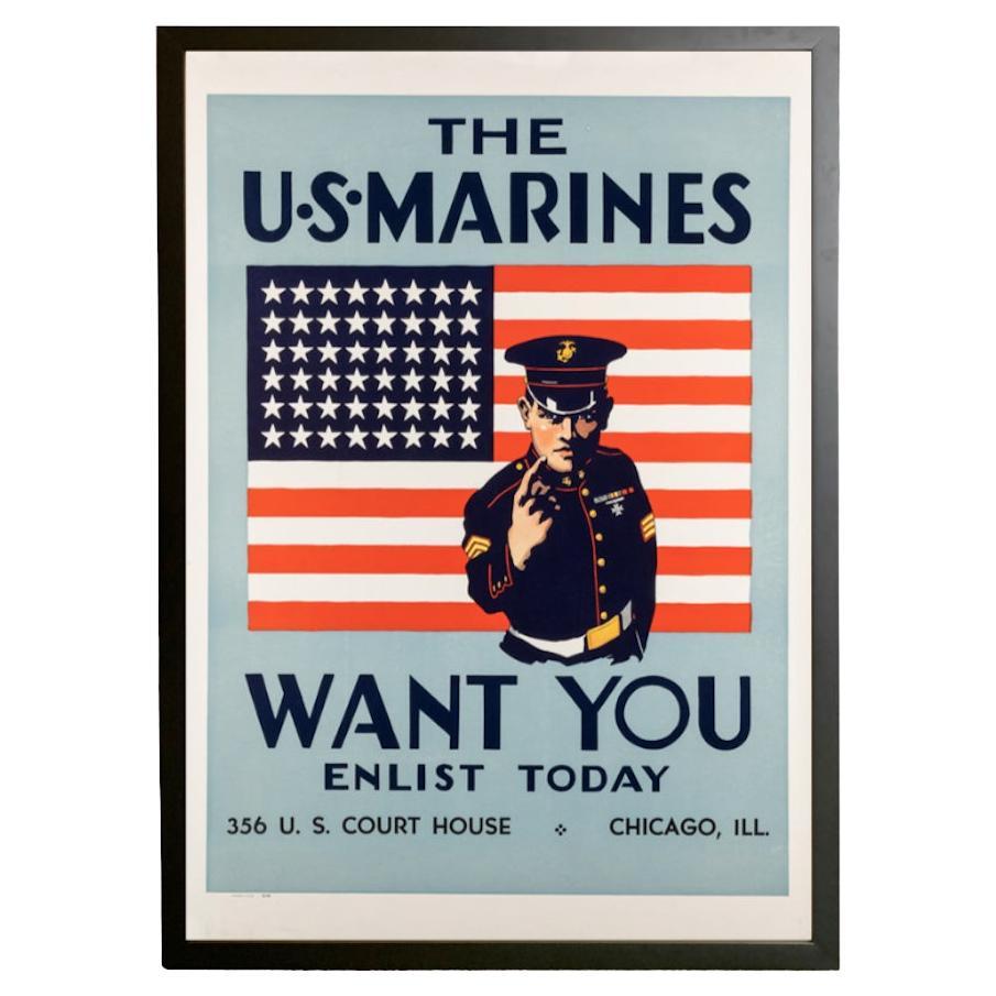 "The U.S. Marines Want You" Vintage WWII Recruitment Poster, 1940 For Sale