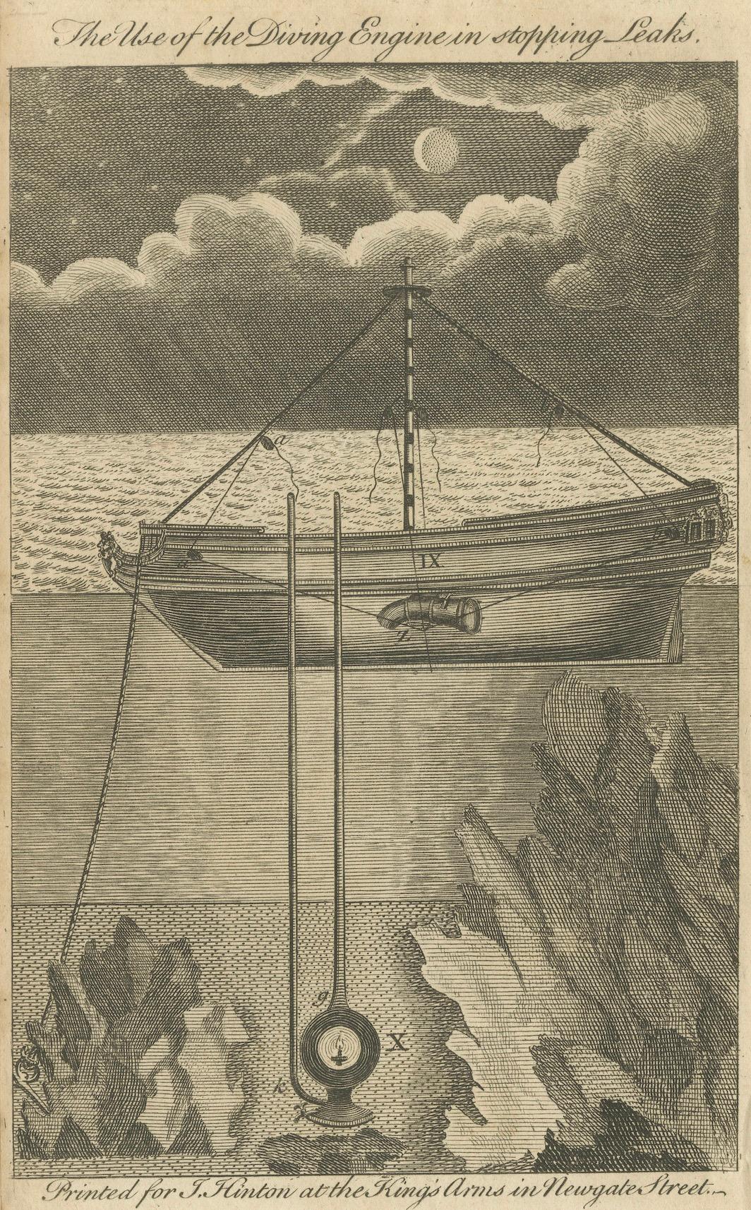 Der Einsatz der Tauchmaschine zum Stoppen von Lecks - Kupferstich aus dem 18. Jahrhundert von J. Hinton  

Dieser faszinierende Stich aus dem 18. Jahrhundert mit dem Titel The Use of the Diving Engine in Stopping Leaks zeigt eine frühe Darstellung